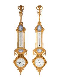 A French Neoclassical Gilt Bronze and Jasperware Cartel Clock and Barometer Set