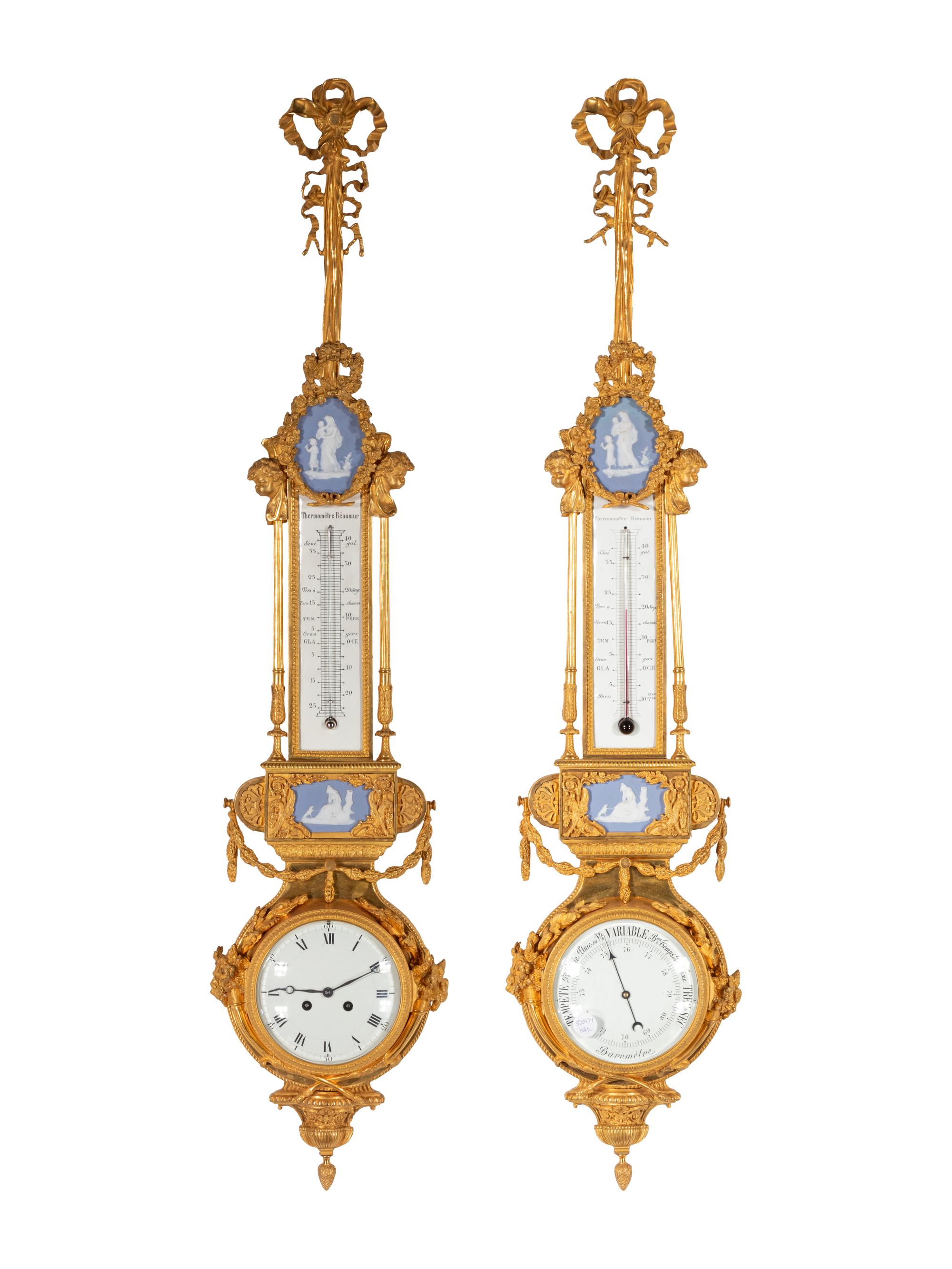 A French Neoclassical Gilt Bronze and Jasperware Cartel Clock and Barometer Set