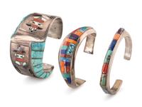 Navajo and Jemez Silver and Mosaic Inlay Cuff Bracelets