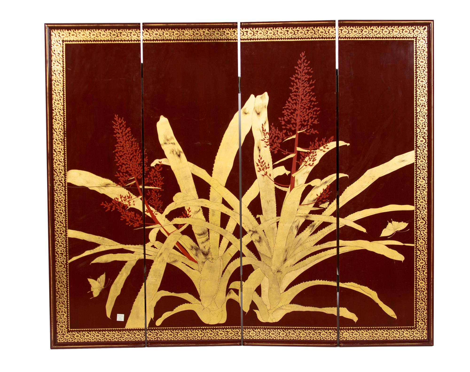 A Japanned Red and Gilt Four Panel Screen — 20TH CENTURY