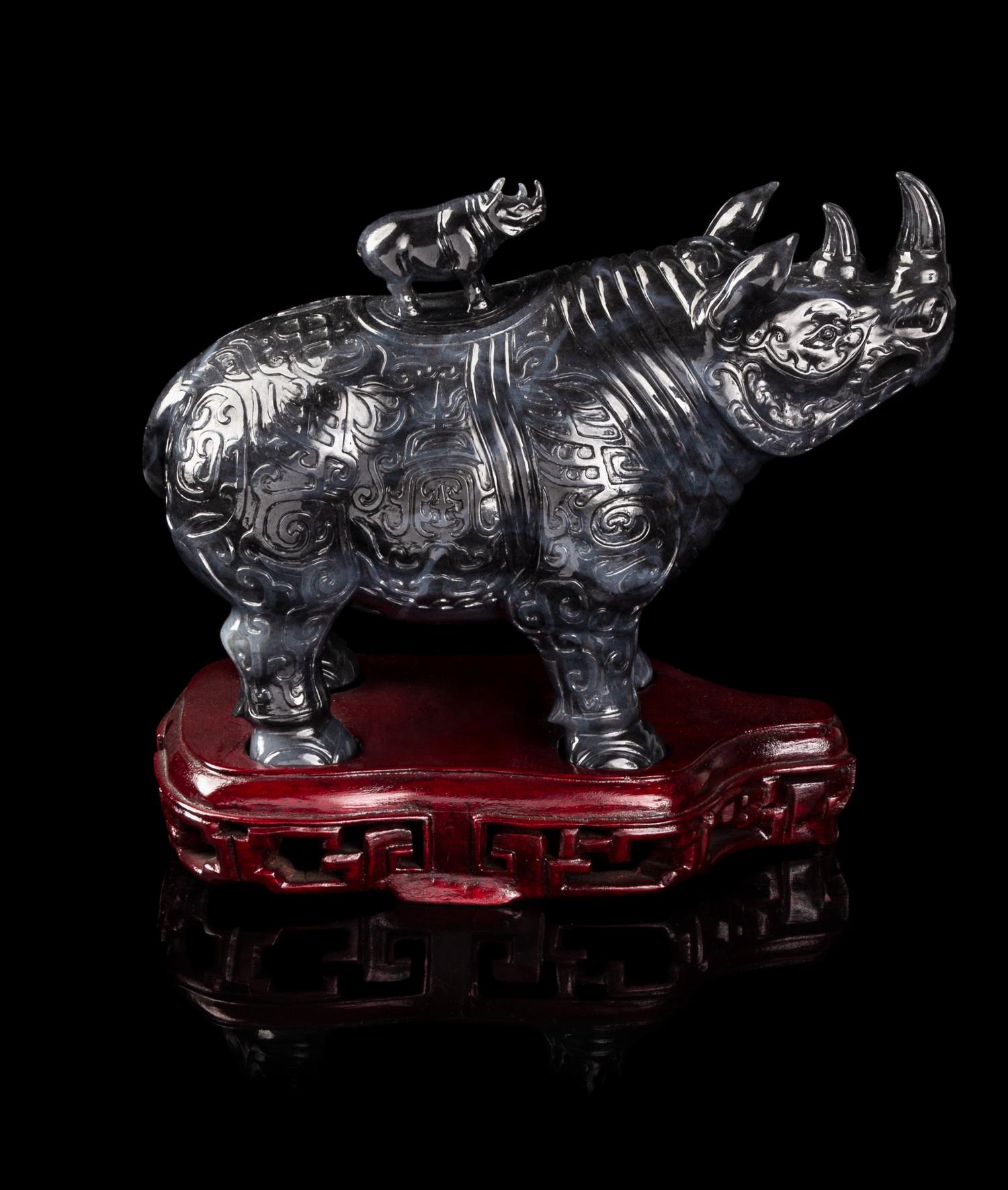 A Chinese Black and White Jade Rhinoceros-Form Covered Vessel