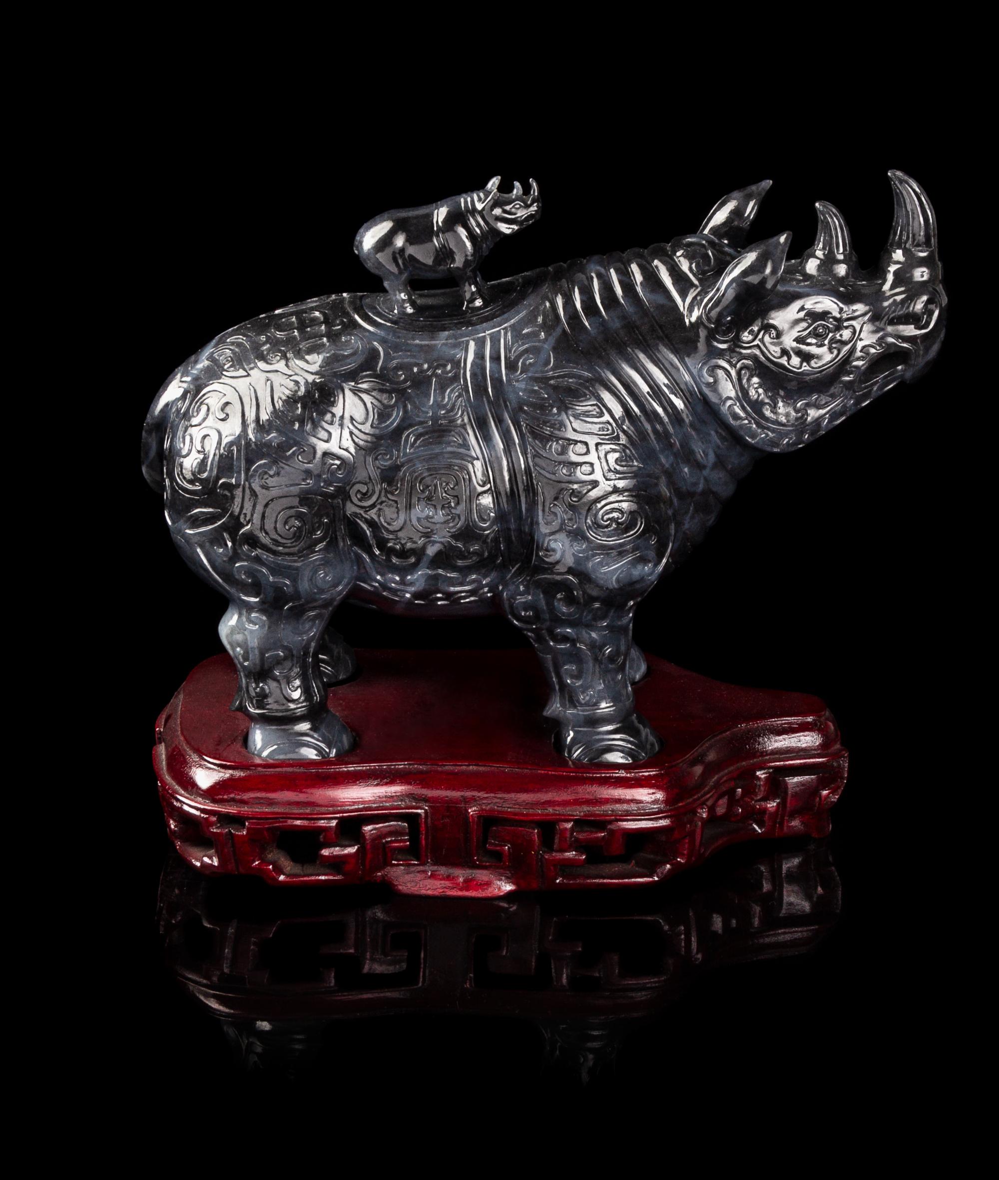 A Chinese Black and White Jade Rhinoceros-Form Covered Vessel