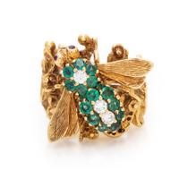 Emerald, Diamond, and Yellow Gold Bee Ring