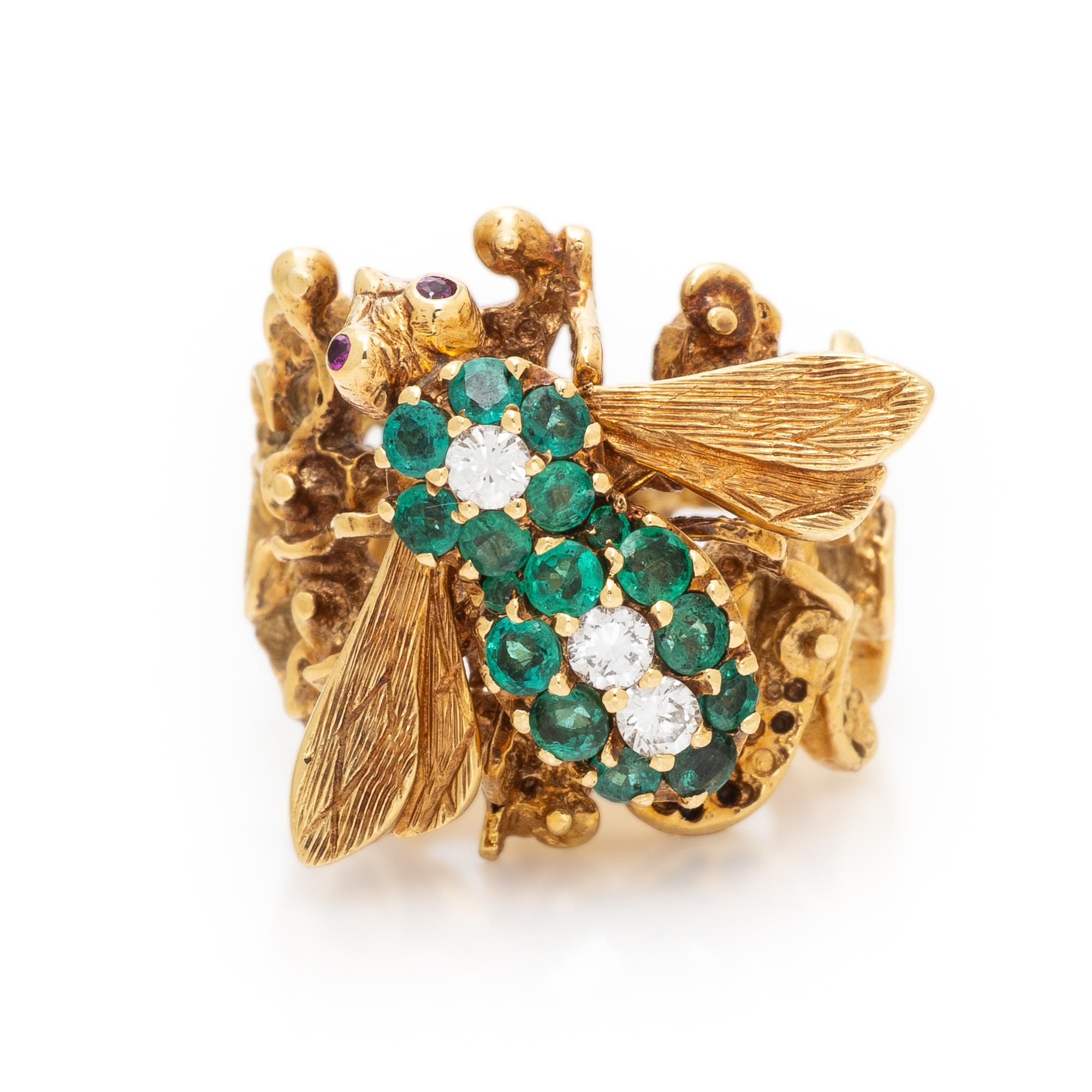 Emerald, Diamond, and Yellow Gold Bee Ring