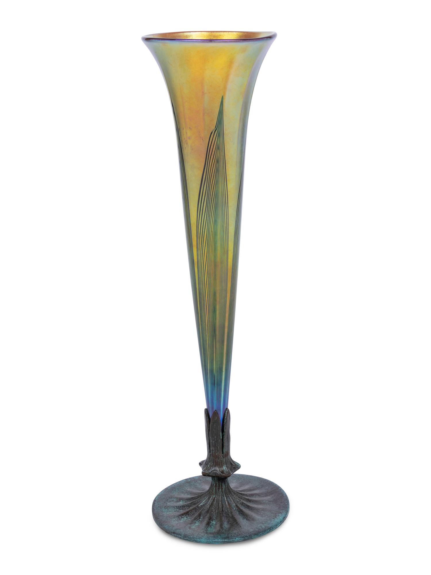 A Lundberg Studios Iridescent Glass and Patinated Bronze Vase