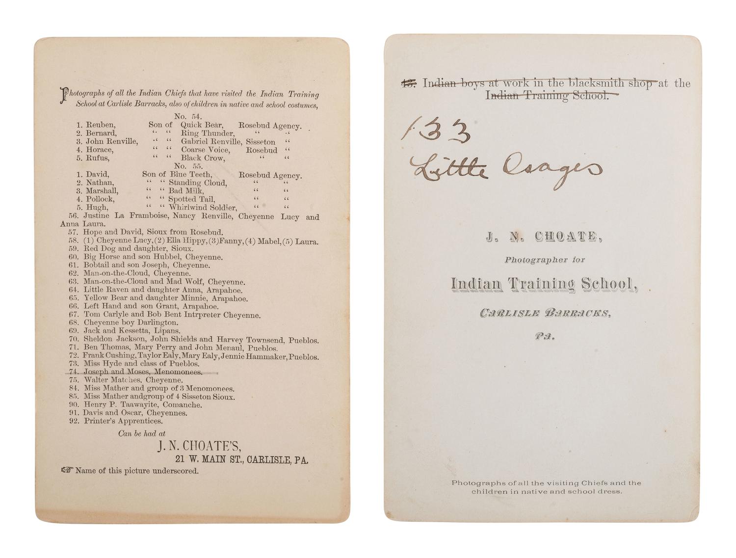 CHOATE, John N. (1848-1902), photographer. 2 cabinet cards of students at Carlisle School.
