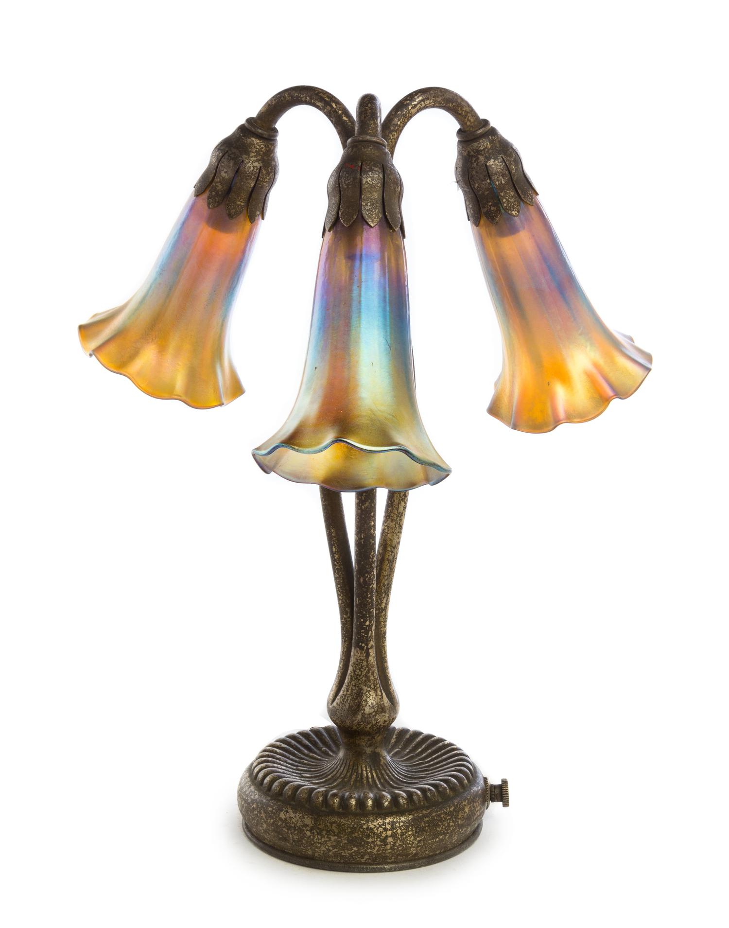 Tiffany Studios, a three-light Lily lamp