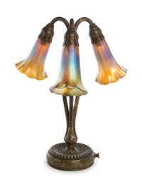Tiffany Studios, a three-light Lily lamp