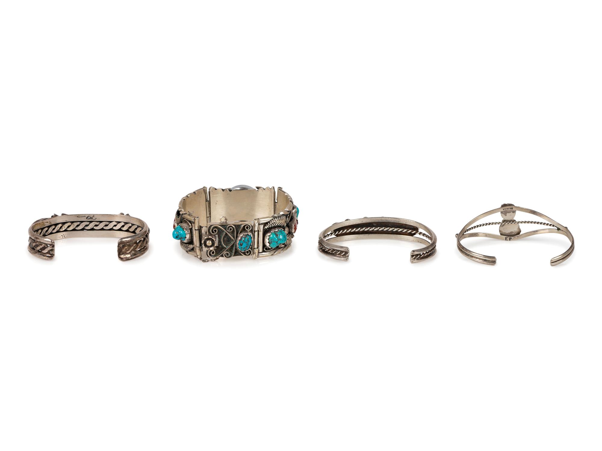 Navajo Silver, Turquoise, and Coral Cuff Bracelets AND Watch Band