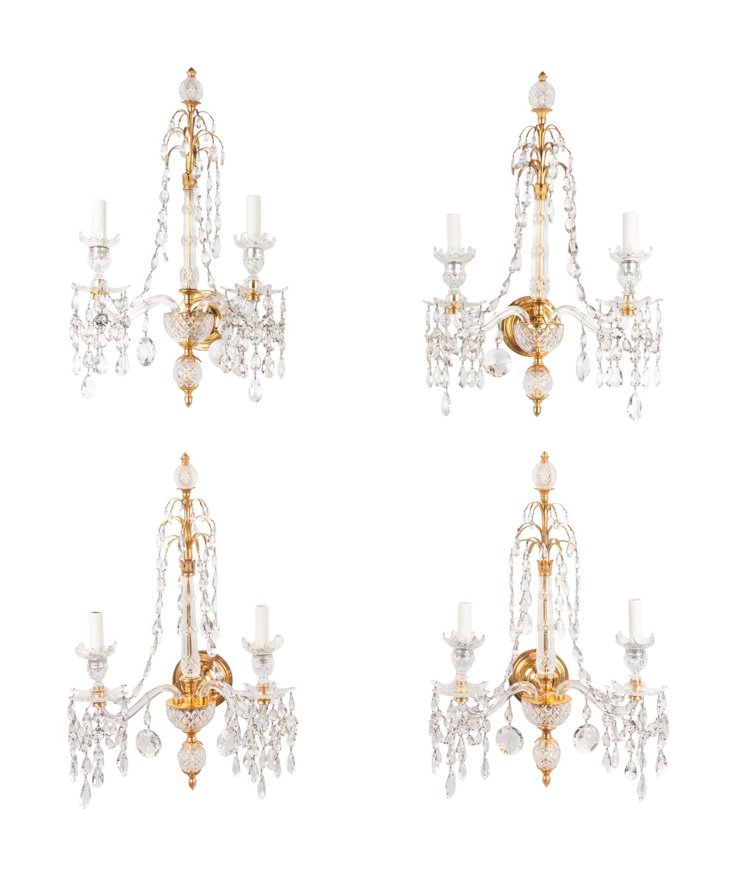 A Set of Four Georgian Style Cut Glass Two-Light Sconces