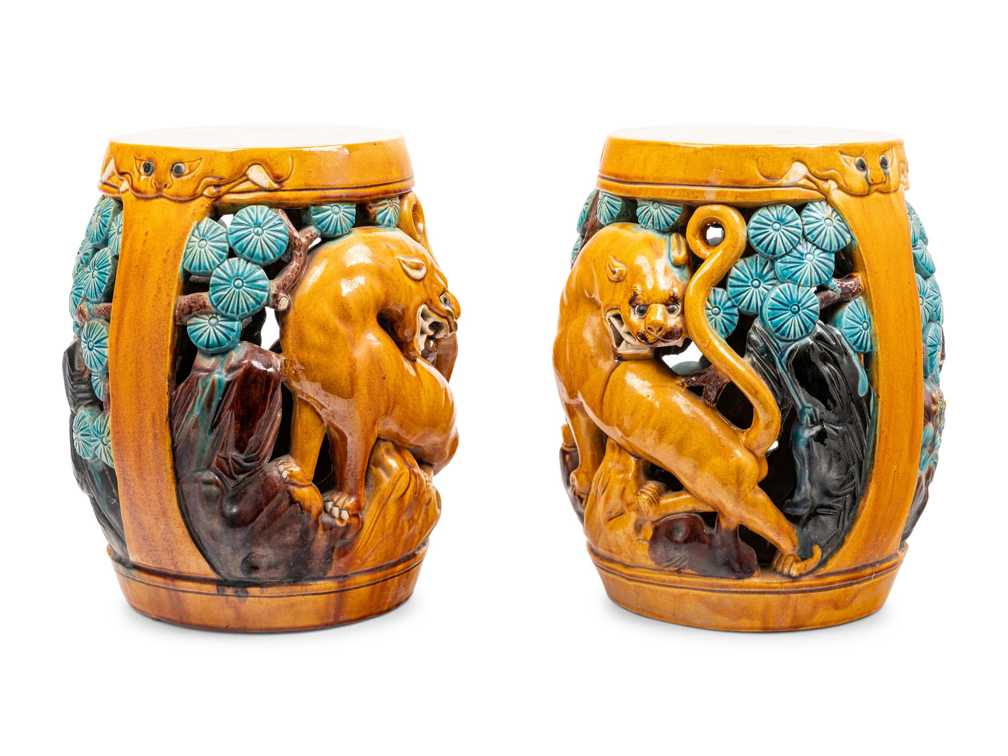 A Pair of Chinese Yellow, Turquoise and Purple Glazed Porcelain Garden Seats