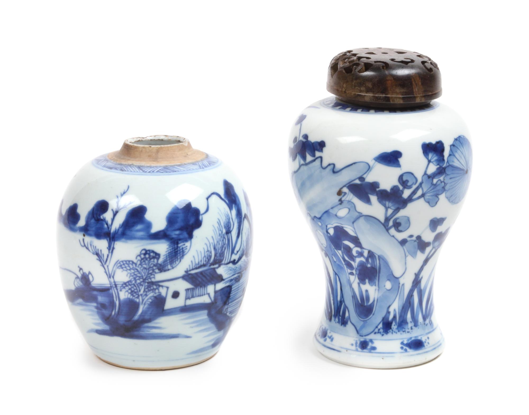 Two Blue and White Porcelain Jars Height of larger 7 inches — QING DYNASTY (1644-1911)