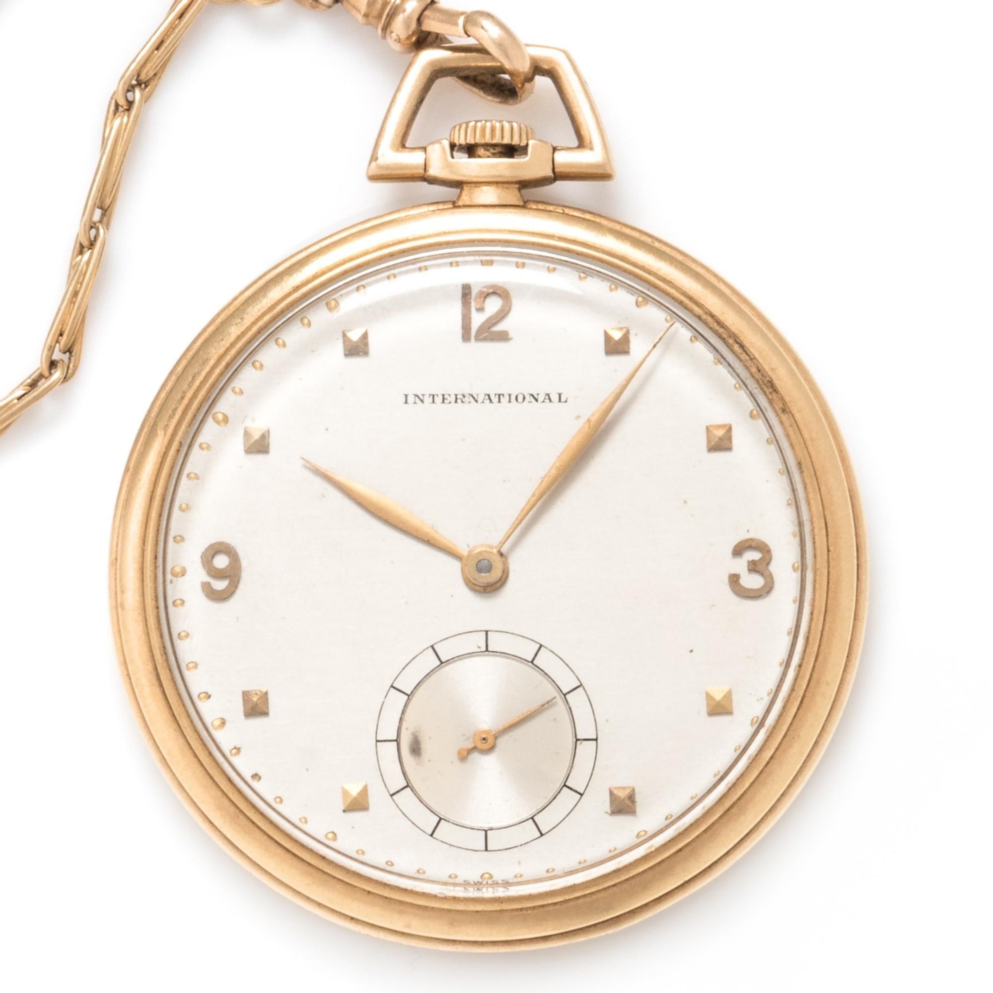 International, 14K Yellow Gold Open Face Pocket Watch with Fob Chain