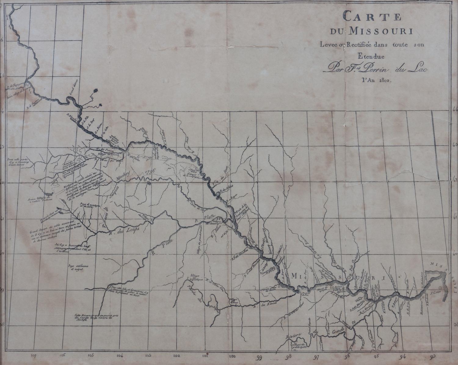 (Map) Perrin du Lac, Francois Marie 23 3/4 x 19 inches. — Carte du Missouri. [Paris, 1805]