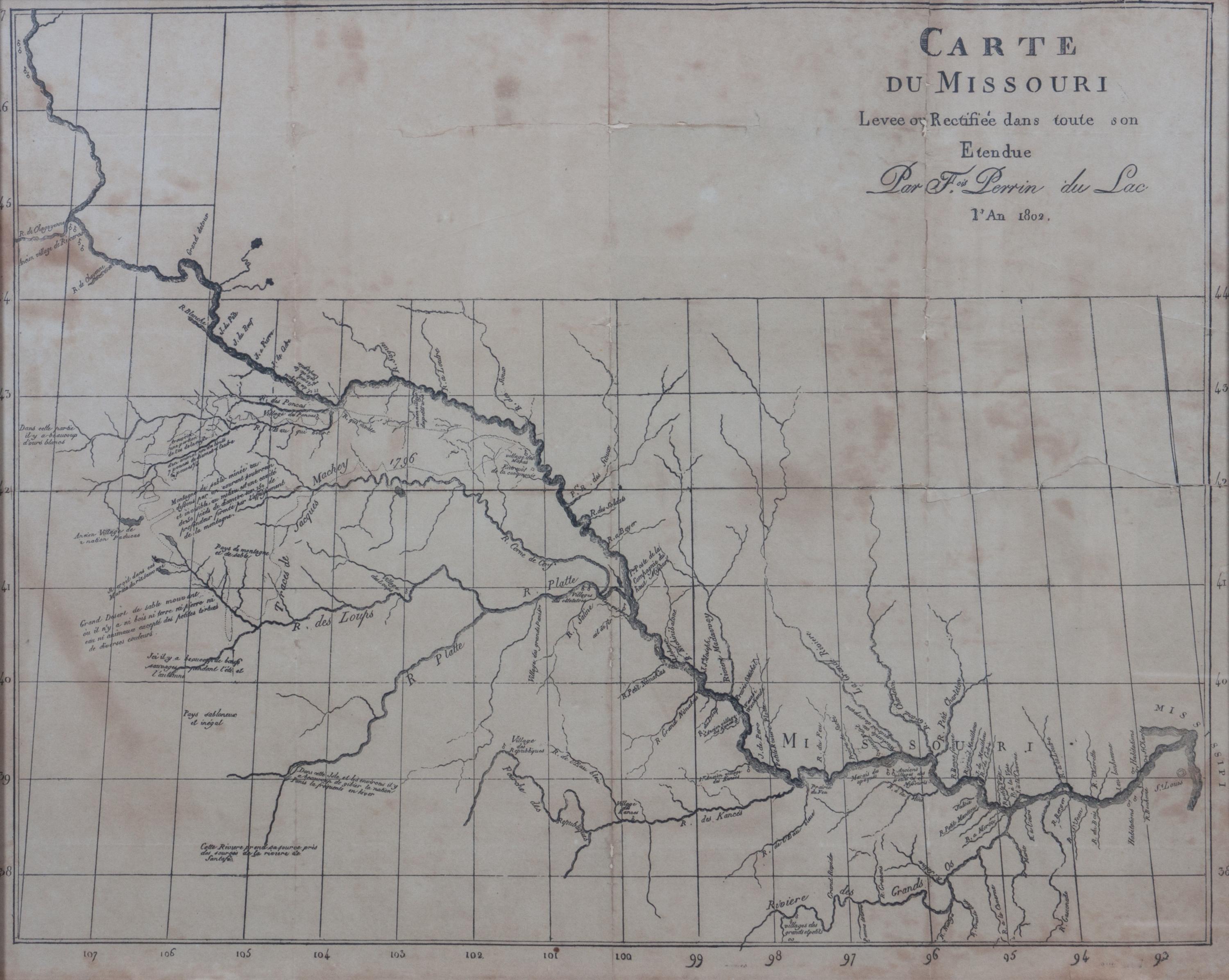(Map) Perrin du Lac, Francois Marie 23 3/4 x 19 inches. — Carte du Missouri. [Paris, 1805]