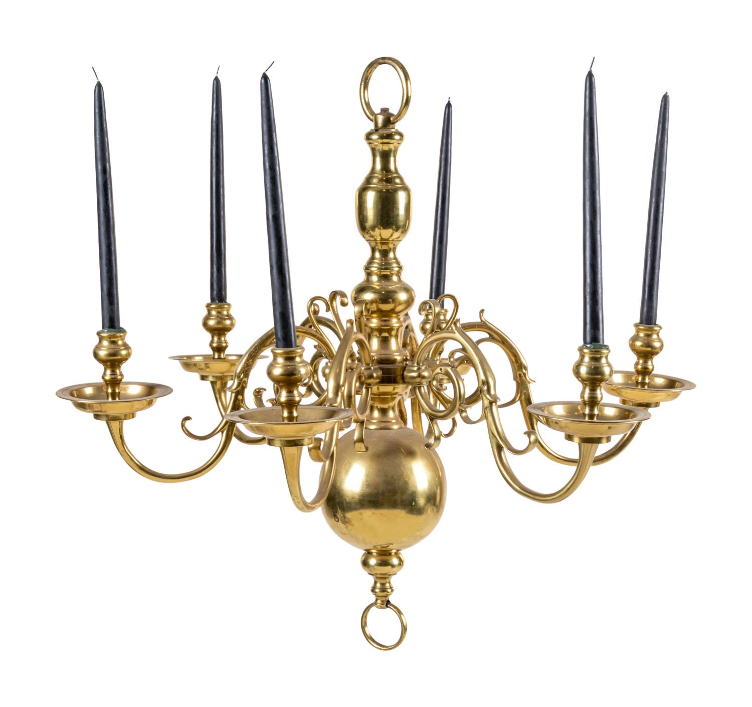 A Dutch Baroque Style Brass Six-Light Chandelier