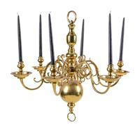 A Dutch Baroque Style Brass Six-Light Chandelier