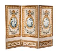 A Louis XVI Style Polychrome Painted Canvas Six-Panel Floor Screen