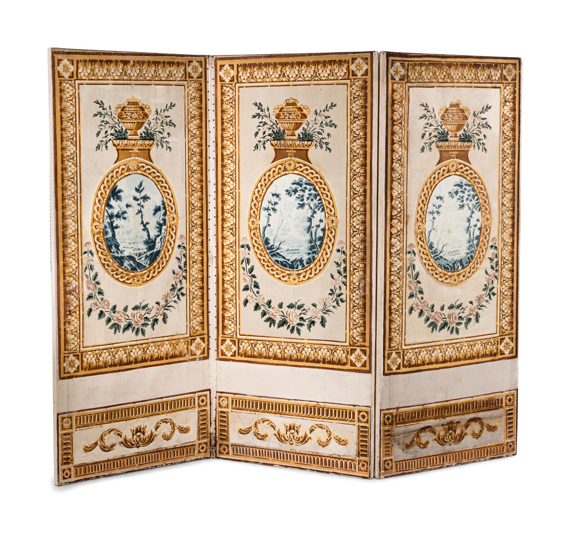 A Louis XVI Style Polychrome Painted Canvas Six-Panel Floor Screen