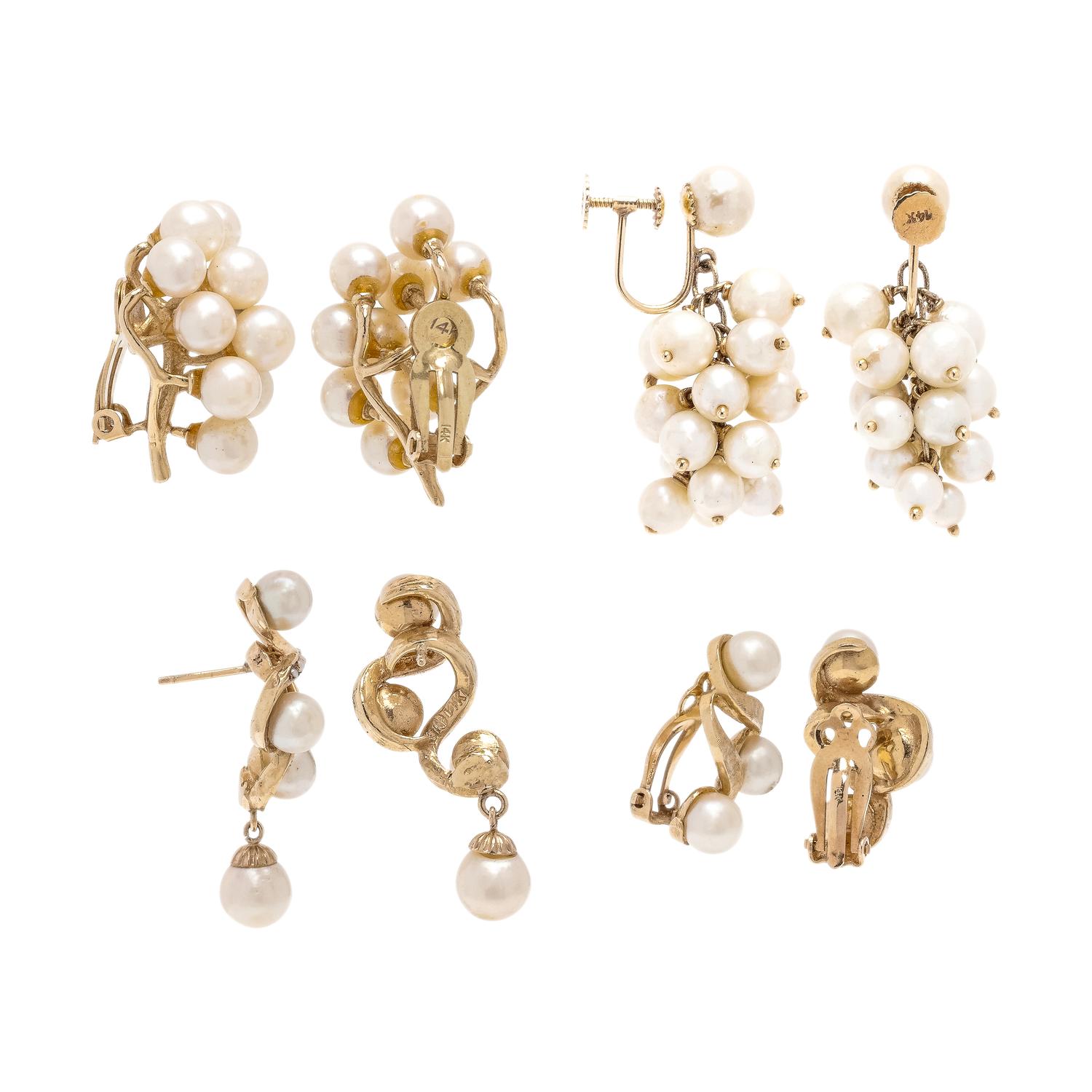 COLLECTION OF YELLOW GOLD AND CULTURED PEARL EARRINGS