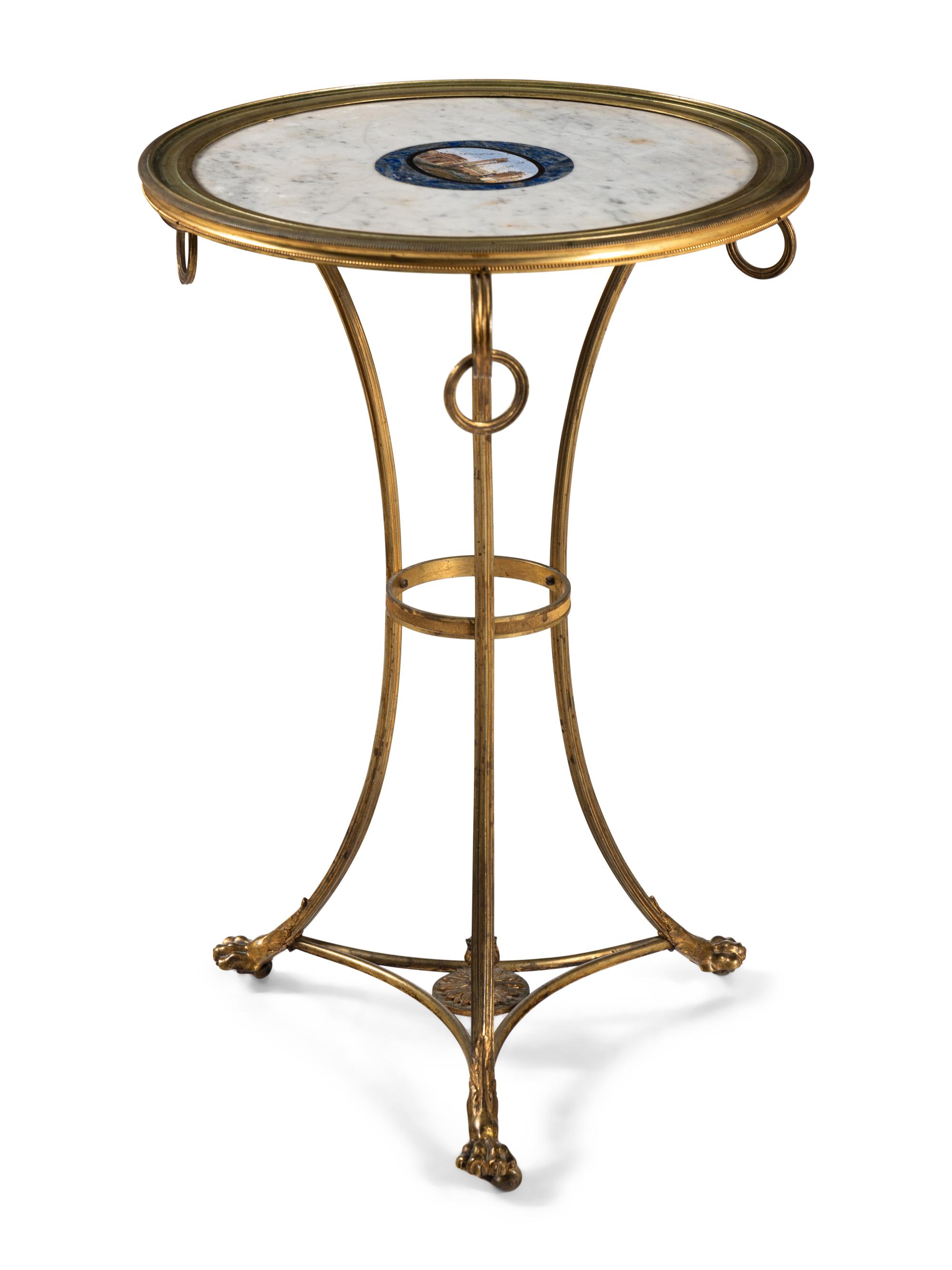 A French Gilt Bronze and Italian Micromosaic-Inset White Marble Guéridon