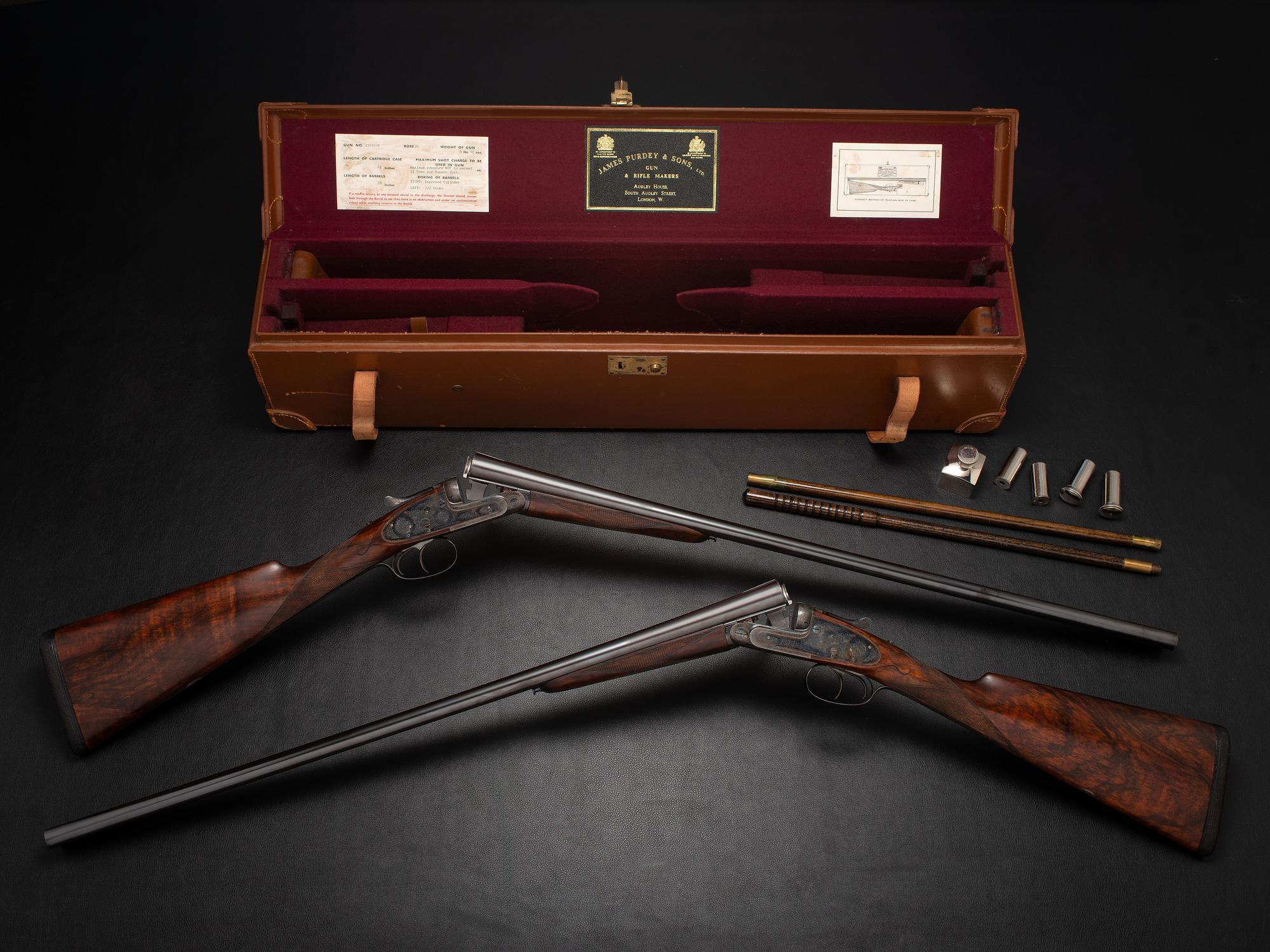 **A Pair of Consecutively Numbered James Purdey & Sons 20 Bore SxS Hammerless Shotguns Made for the Spanish Marquis de Villabragima, in Original Motor Case with Accessories
