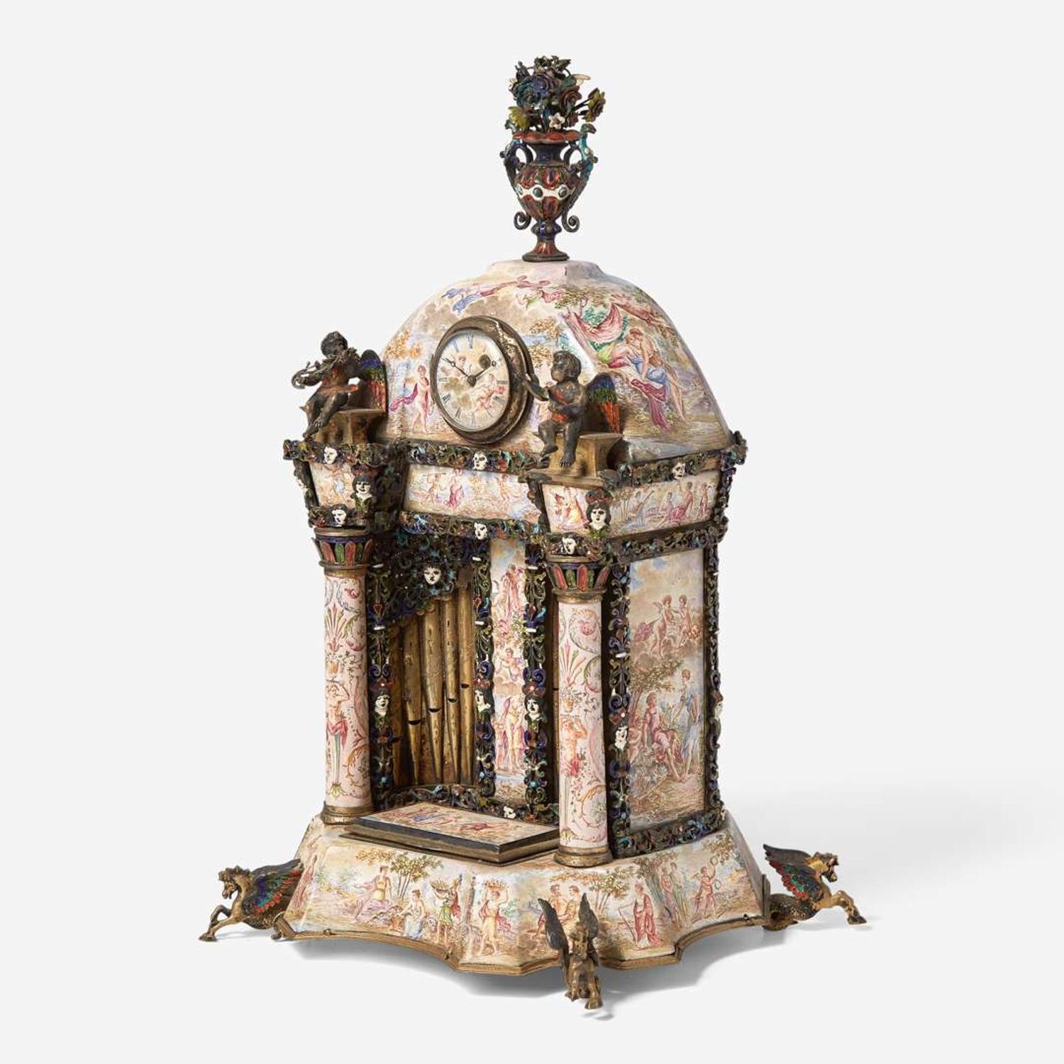Two Viennese silver gilt and enamel desk clocks in the form of a pipe organ and mandolin Karl Bank (active 1895-1924) and Maker "PL," the latter with works by Johann Mayer, Vienna, Austria, circa 1900