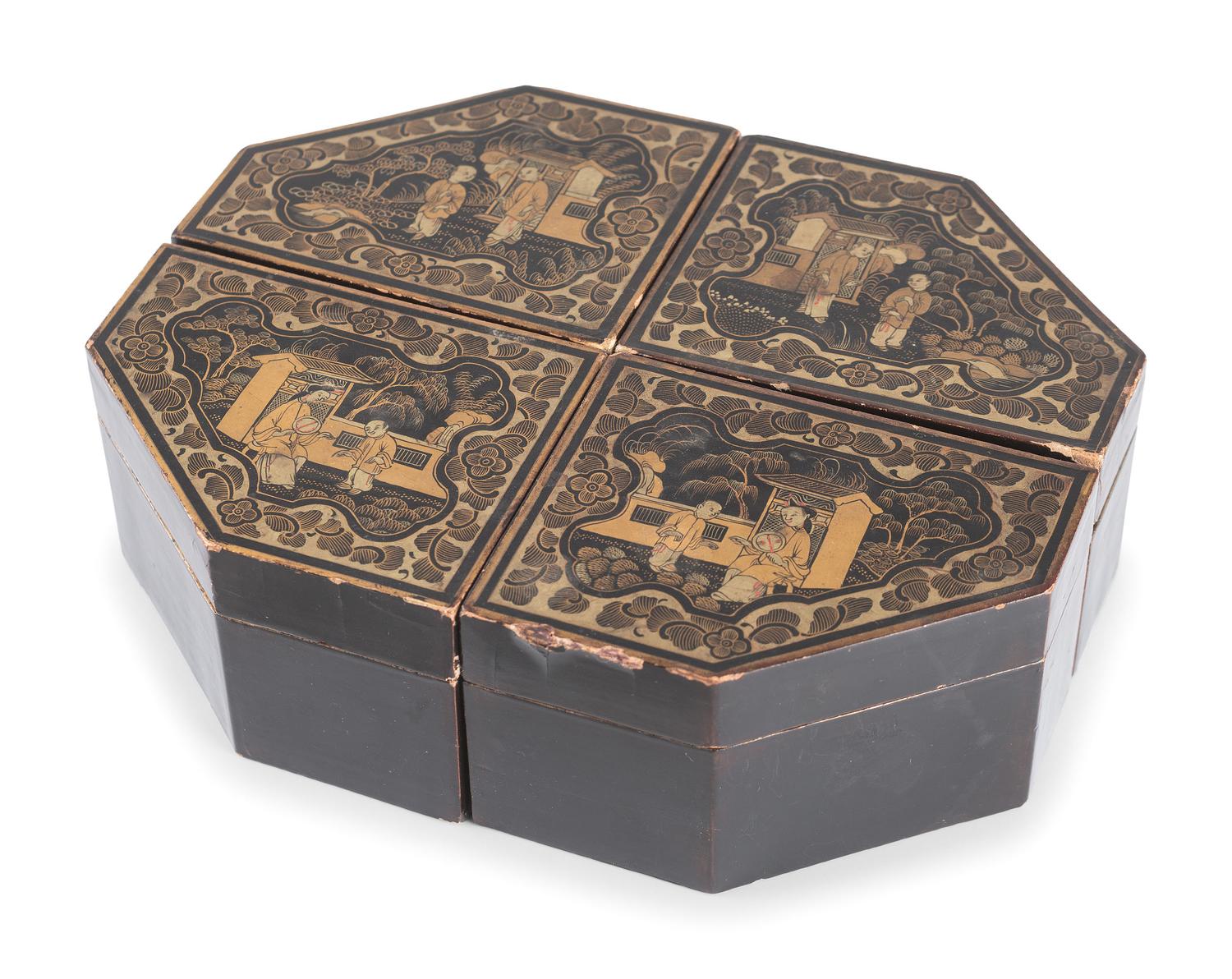 A Set of Regency Parcel-Gilt and Black Lacquered Jewelry Boxes