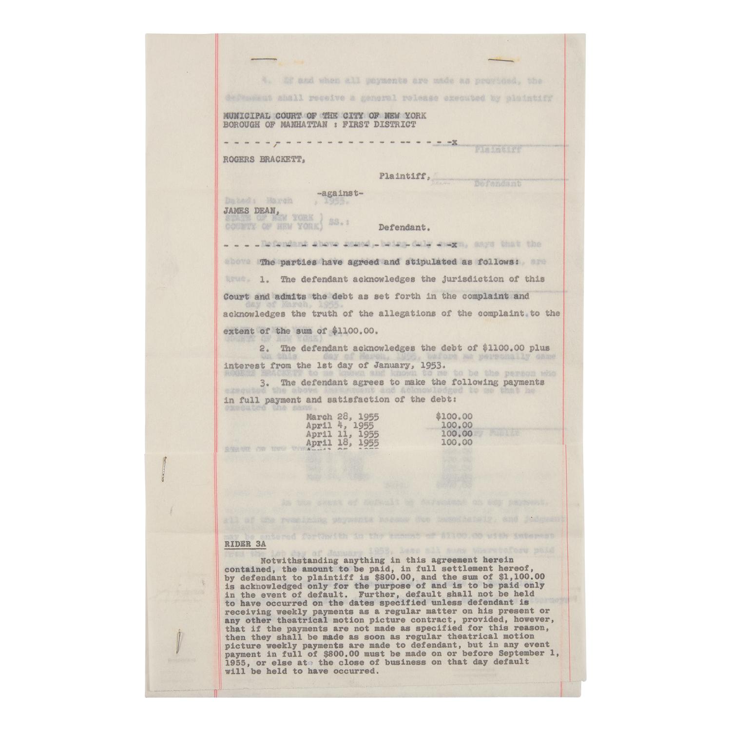 [Hollywood] (Dean, James). Unsigned Carbon Copy of a Legal Agreement