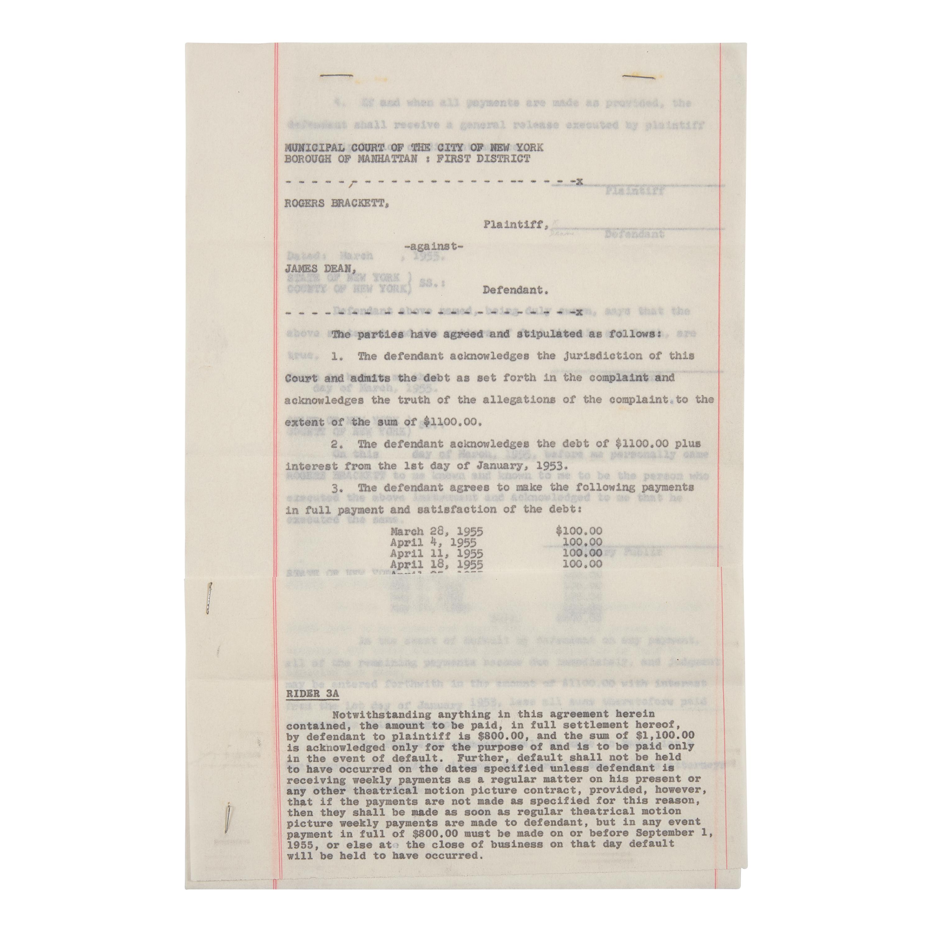 [Hollywood] (Dean, James). Unsigned Carbon Copy of a Legal Agreement