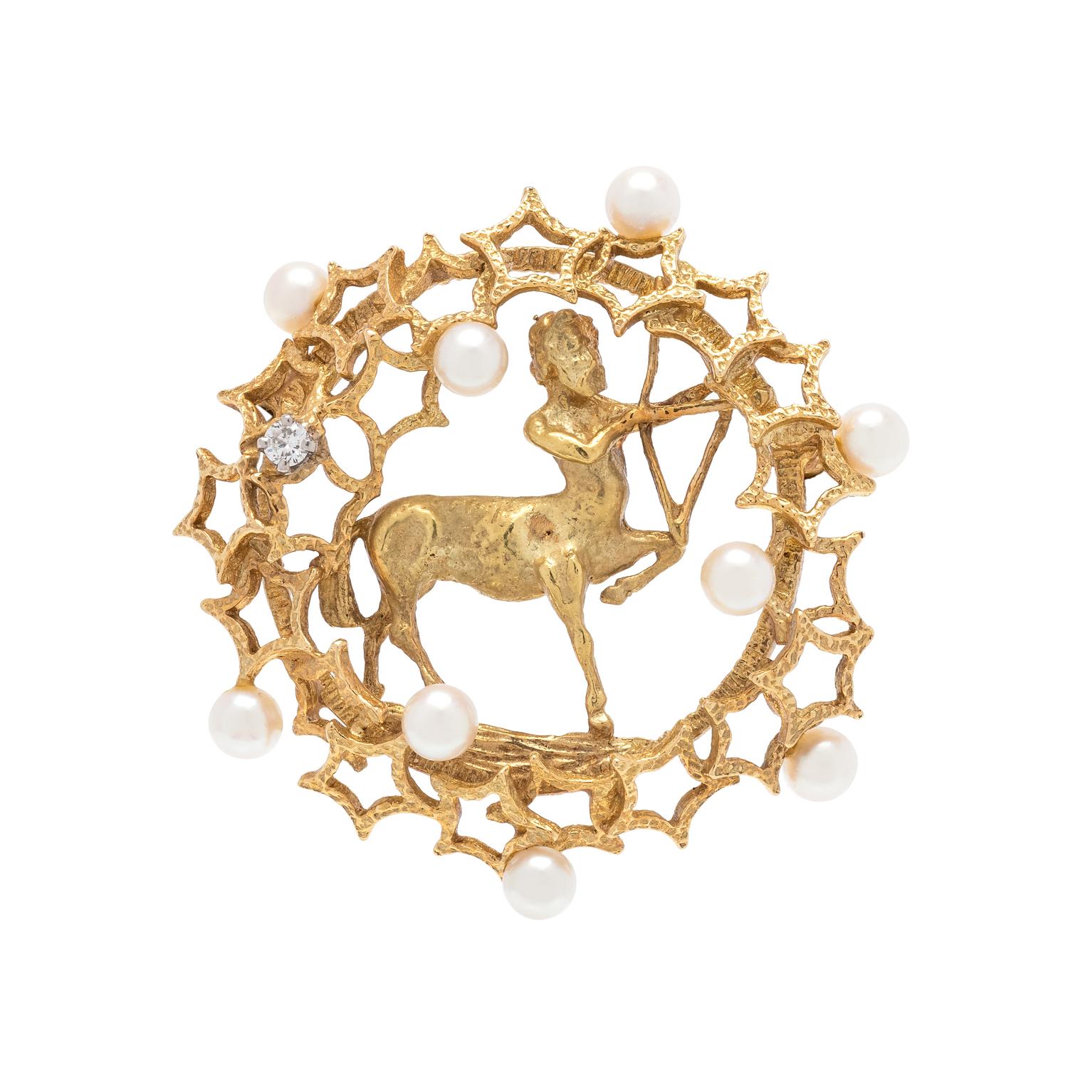 YELLOW GOLD, CULTURED PEARL AND DIAMOND SAGITTARIUS BROOCH