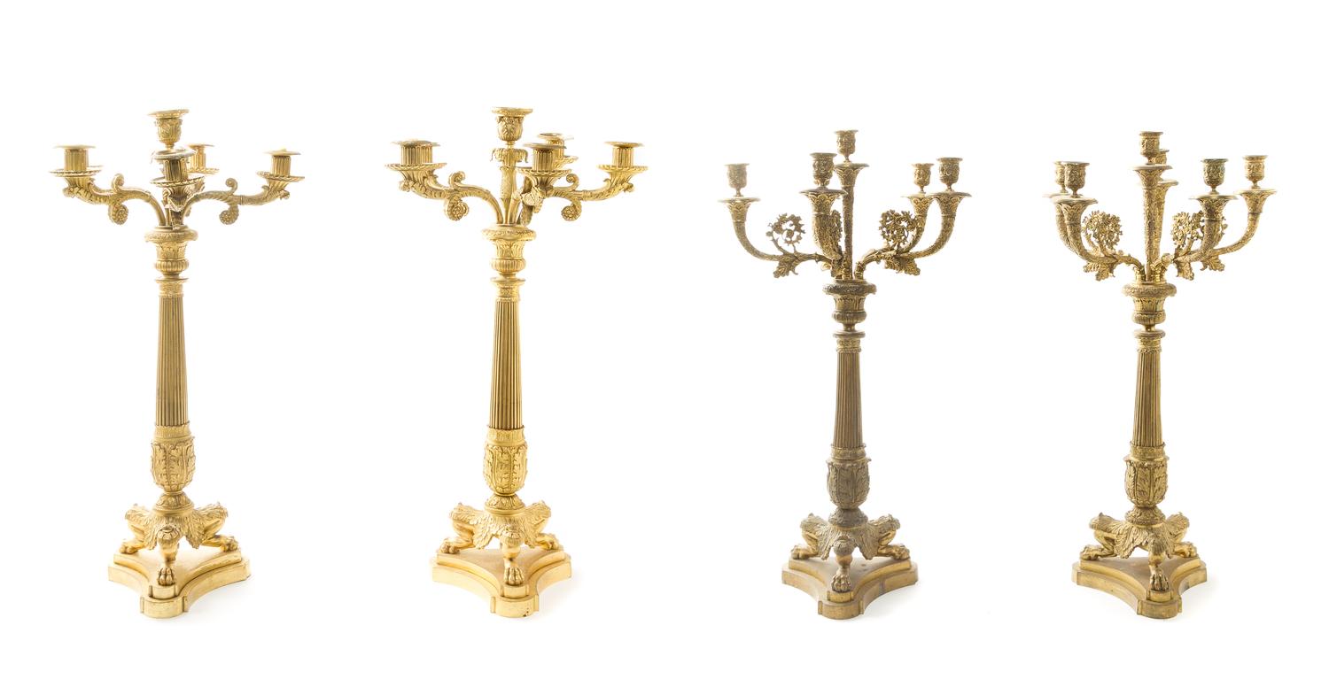 A Set of Four Empire Style Patinated Bronze Six-Light Candelabra, SECOND HALF 19TH CENTURY, Height of tallest 27 inches. — SECOND HALF 19TH CENTURY,