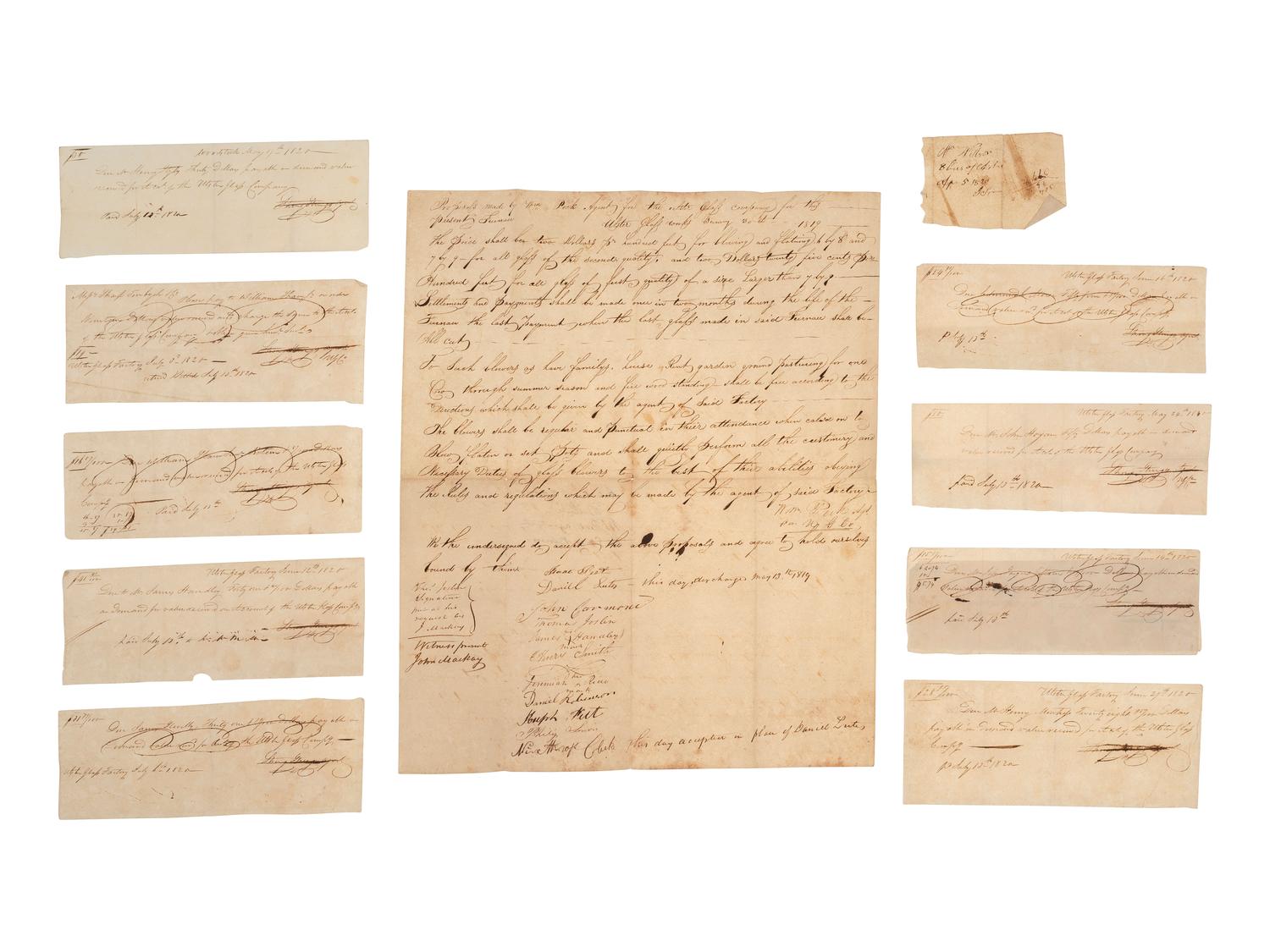 [AMERICANA - BUSINESS]. Ulster Iron Works manuscript archive, incl. documents, receipts, and other correspondence from Abeel & Dunscomb, New York City. Ca early 19th century.