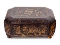 A Chinese Export Parcel Gilt and Black Lacquer Chinoiserie Octagonal Document Box