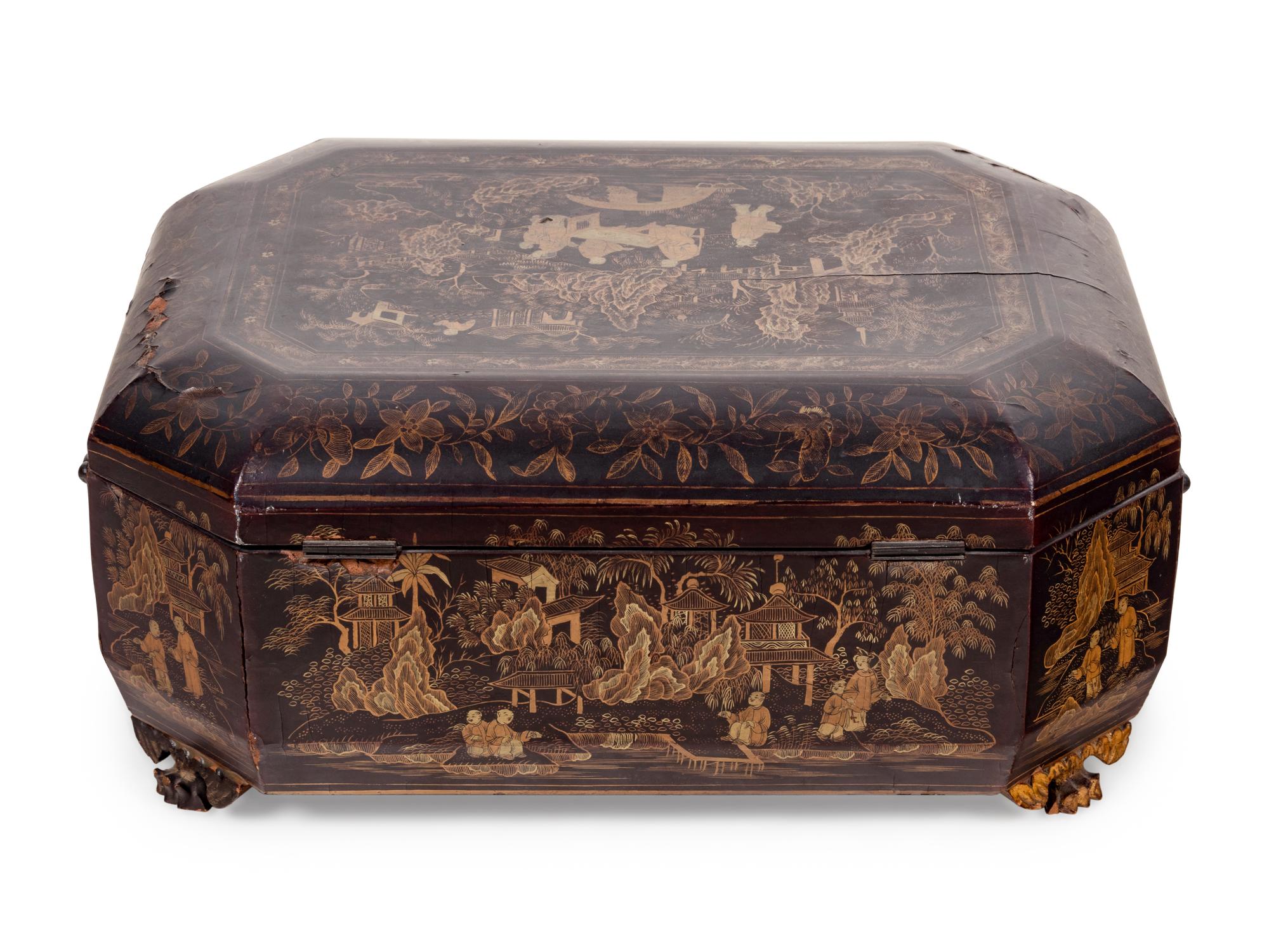 A Chinese Export Parcel Gilt and Black Lacquer Chinoiserie Octagonal Document Box