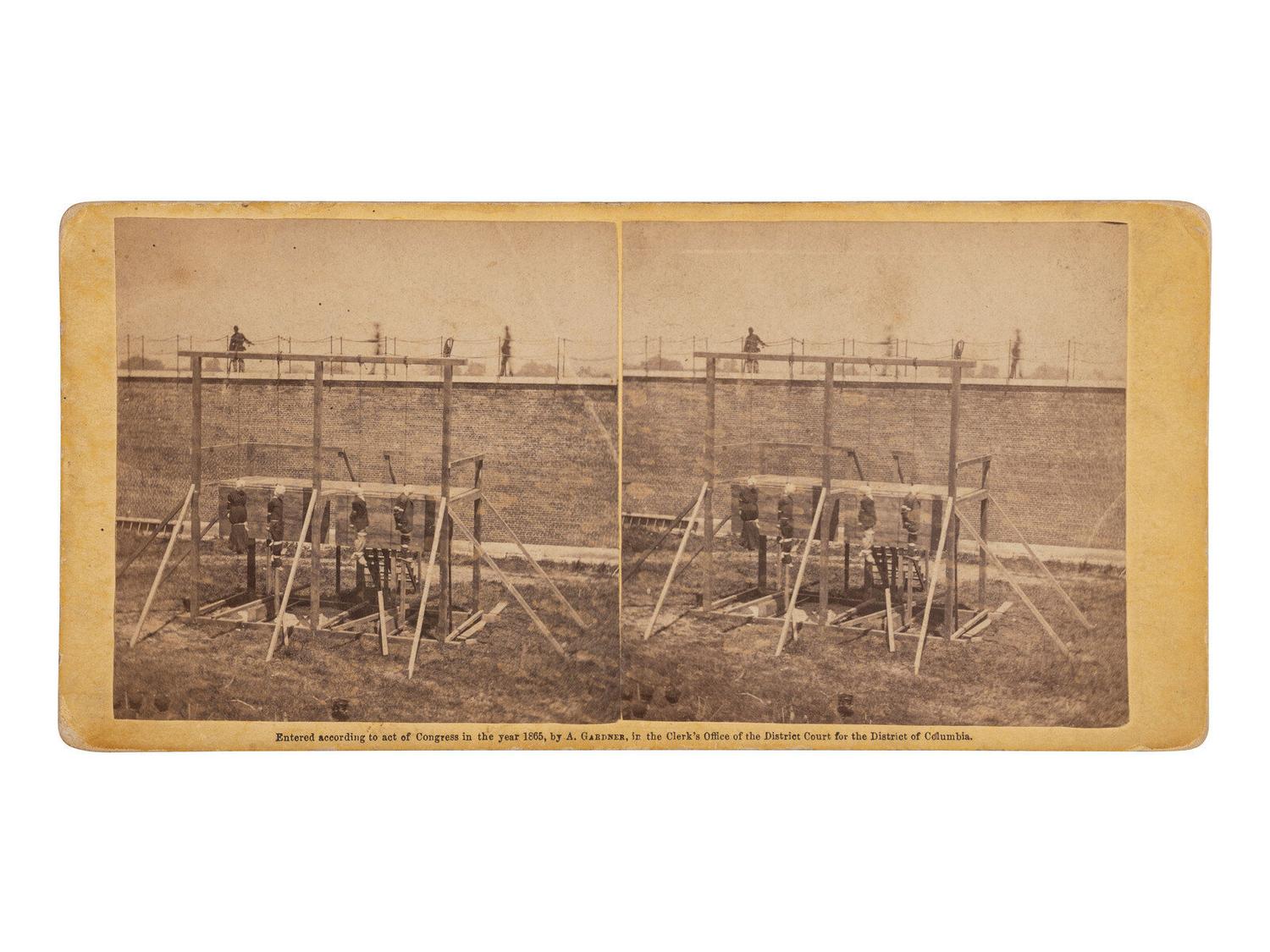 [LINCOLN ASSASSINATION]. GARDNER, Alexander (1821-1882), photographer. Pair of stereoviews of the Execution of the Conspirators. Washington: Philp & Solomons, ca 1865.