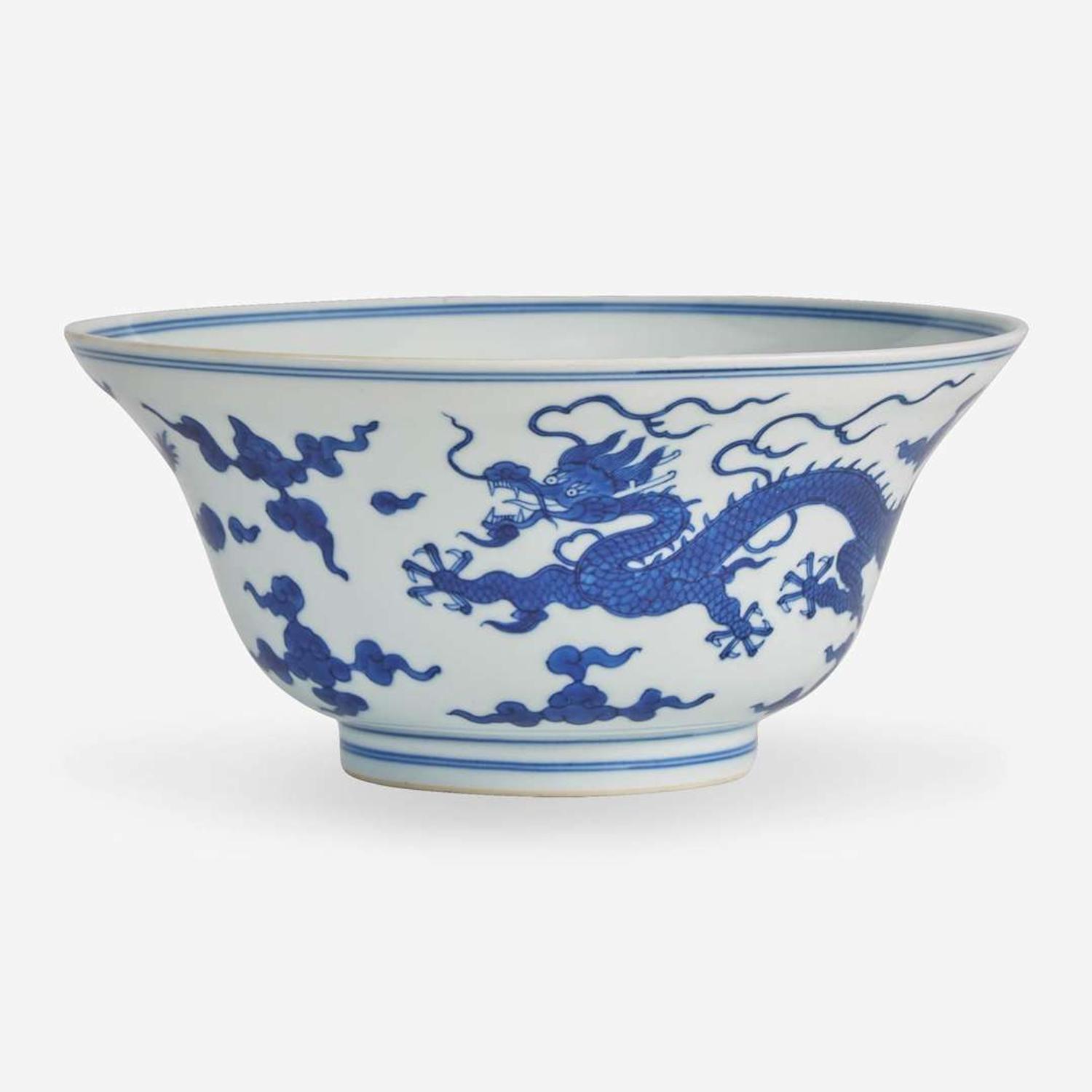 A Chinese blue and white porcelain "Dragons" ogee bowl 青花龙纹折腰盌 Qianlong six-character seal mark and of the period ????? ? ??