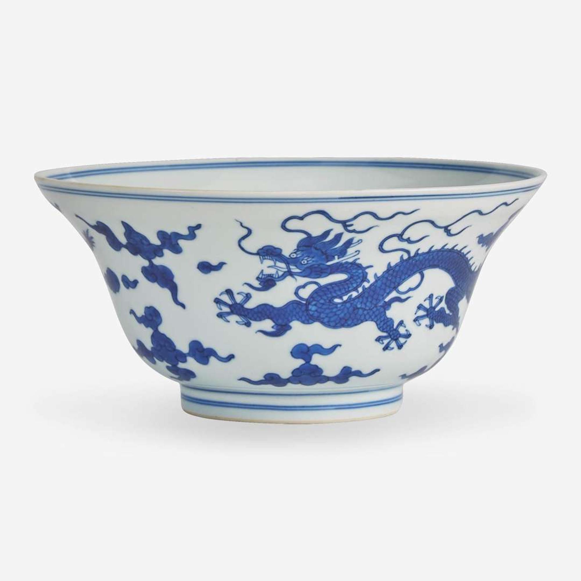 A Chinese blue and white porcelain "Dragons" ogee bowl 青花龙纹折腰盌 Qianlong six-character seal mark and of the period ????? ? ??