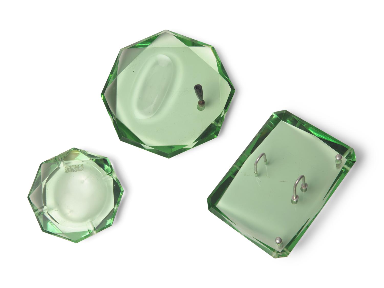A Three-Piece Green Art Glass Desk Set By Fontana Arte DONATED BY NATE BERKUS