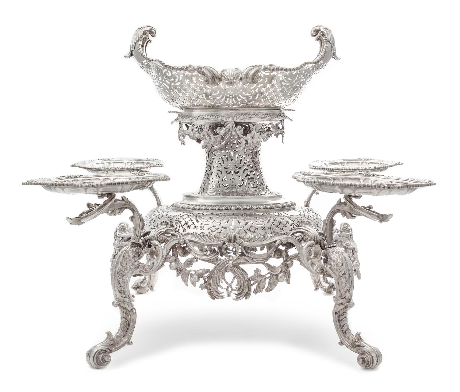 A George II Silver Epergne, Peter Archambo II & Peter Meure, London, 1753, the central basket of oval form with twin-foliate handles an