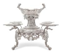 A George II Silver Epergne, Peter Archambo II & Peter Meure, London, 1753, the central basket of oval form with twin-foliate handles an
