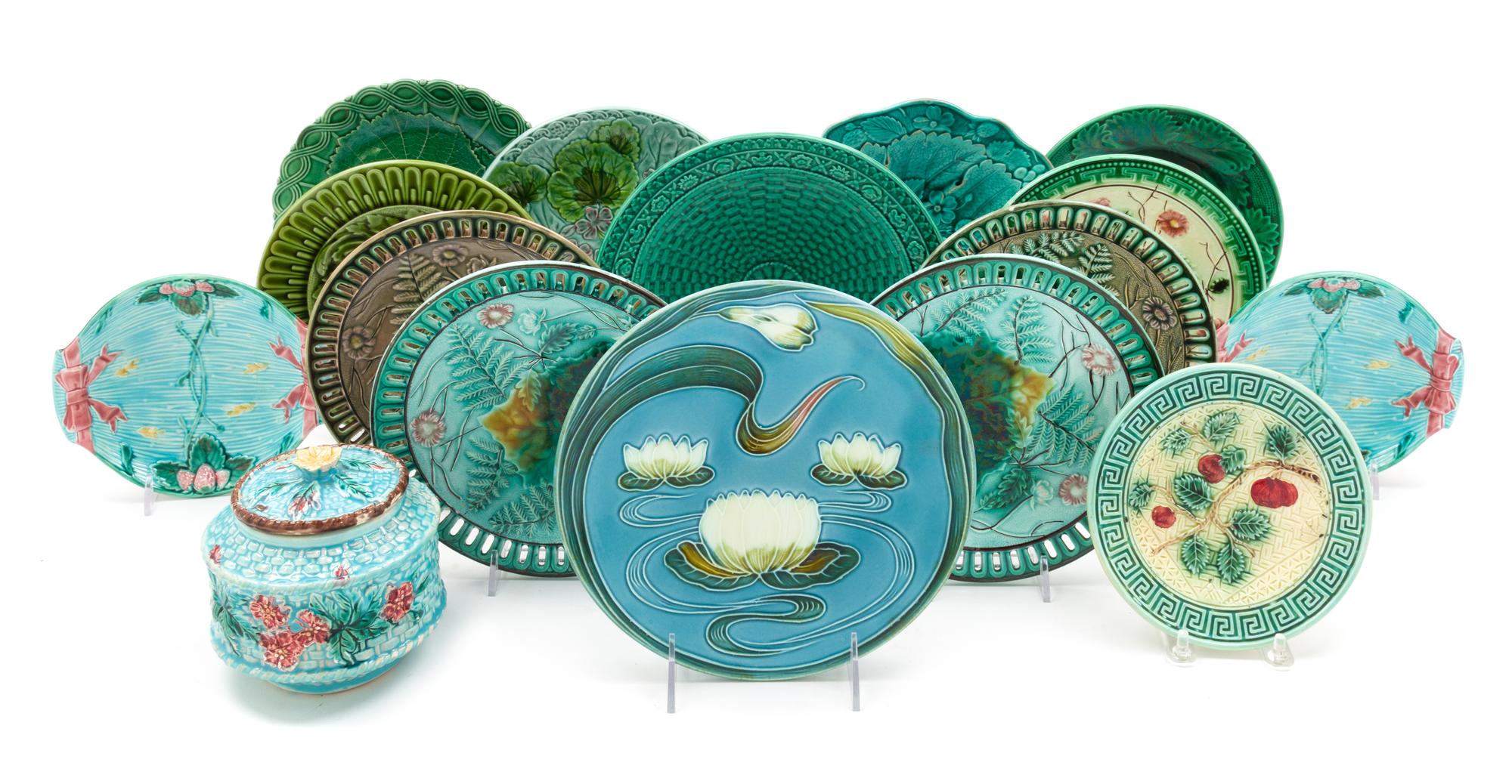 A Group of Majolica Table Articles Diameter of largest 9 inches.