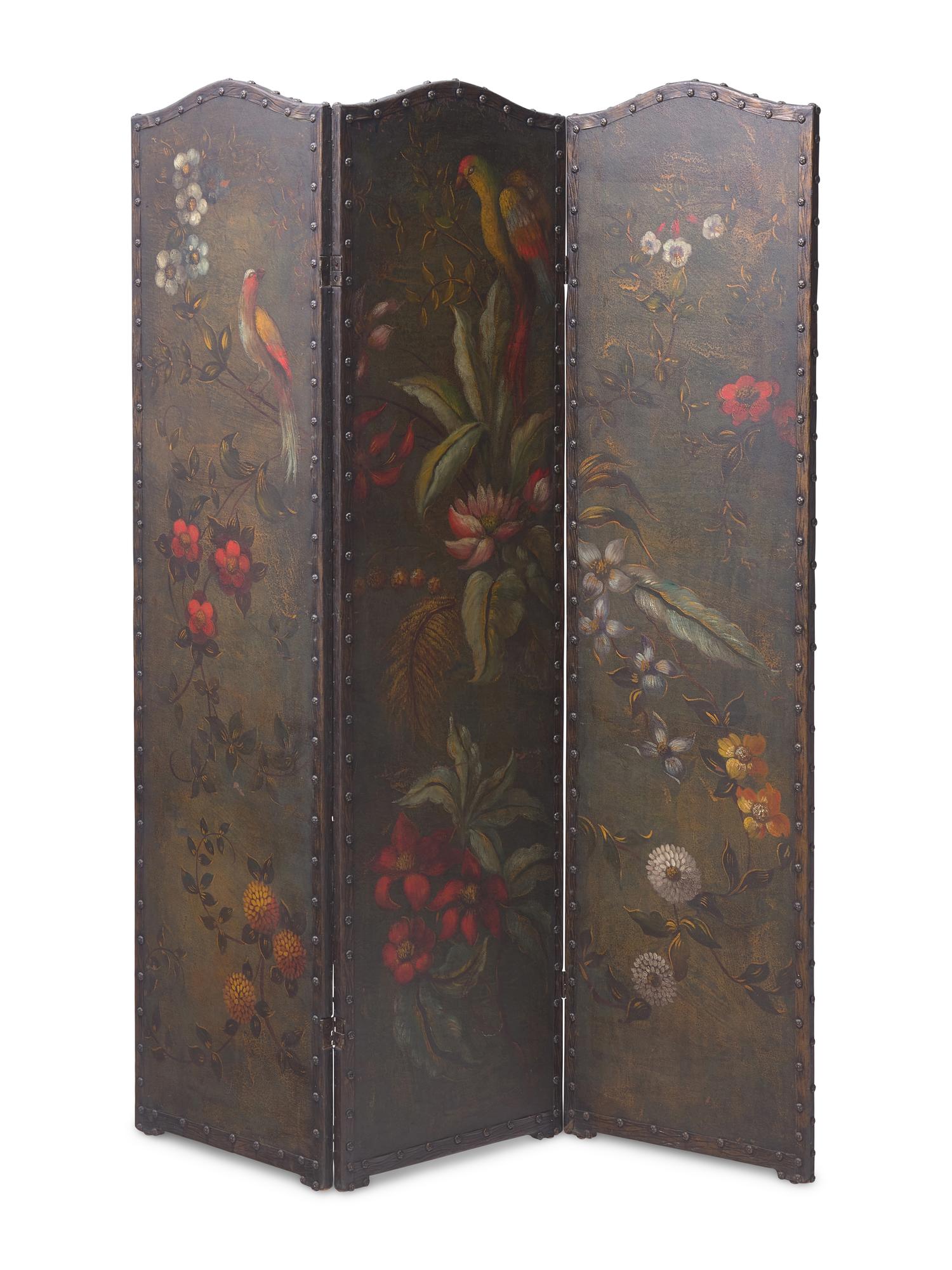 A Hand Painted Three-Panel Screen