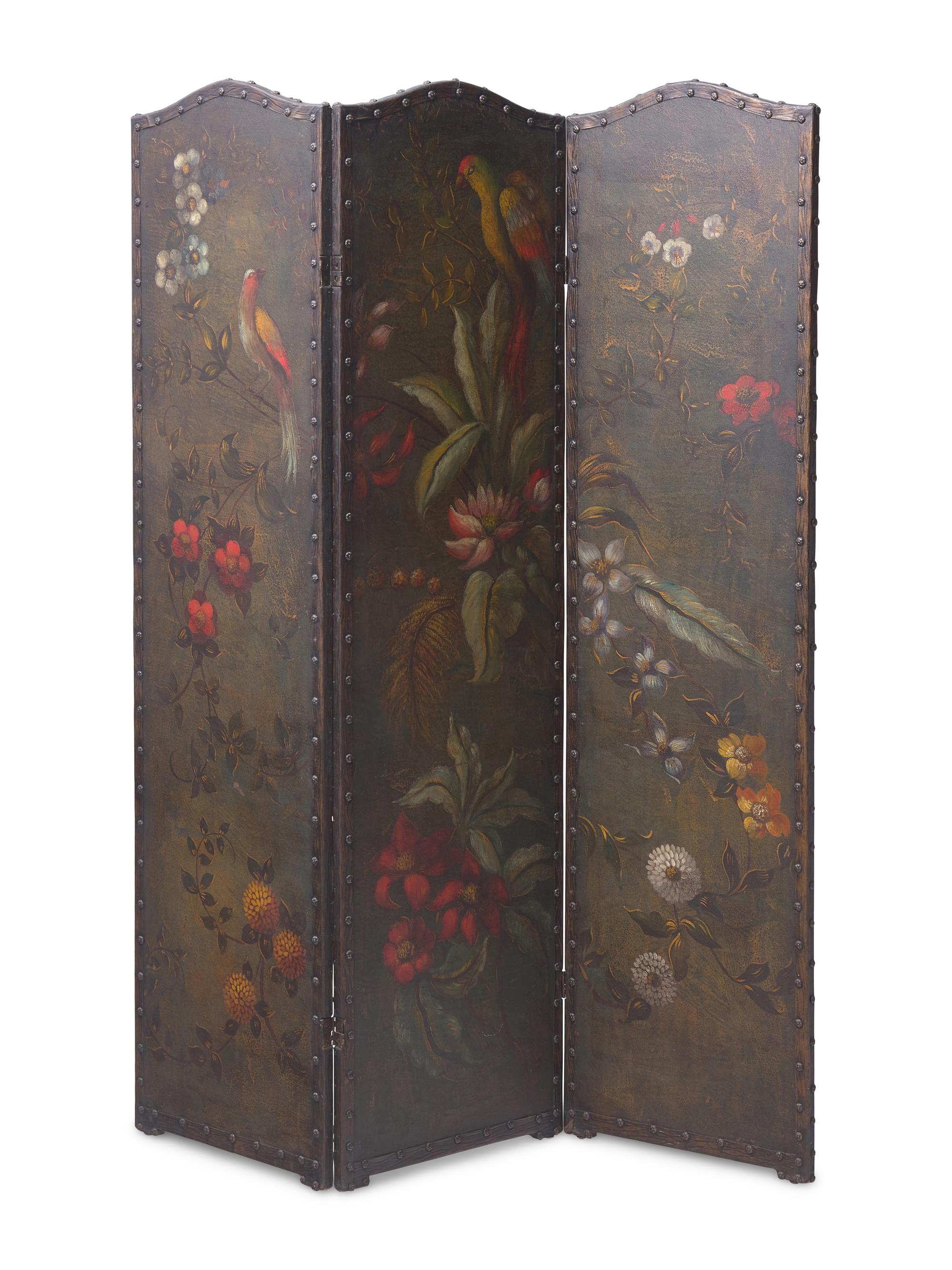A Hand Painted Three-Panel Screen