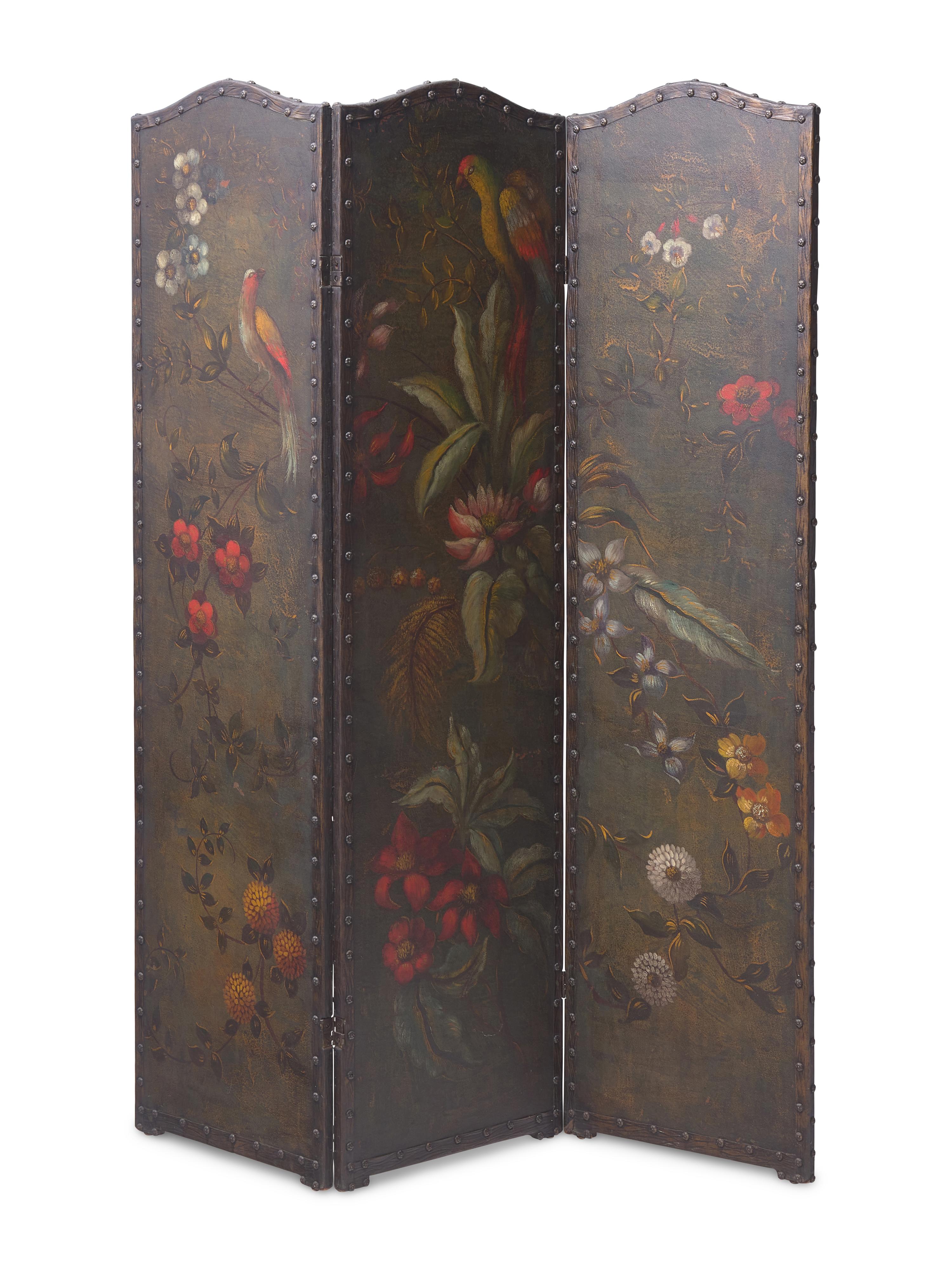 A Hand Painted Three-Panel Screen