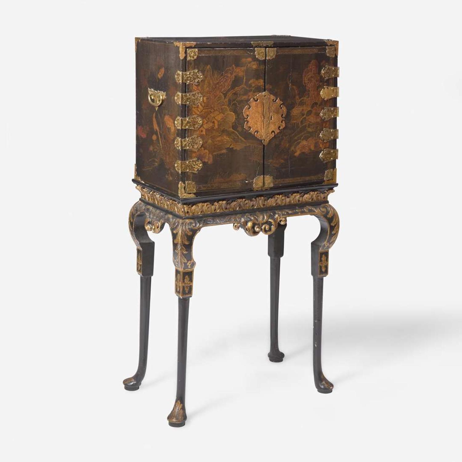 A Chinese Export gilt-decorated black lacquer table cabinet on a George I gilt-decorated and ebonized stand 18th century
