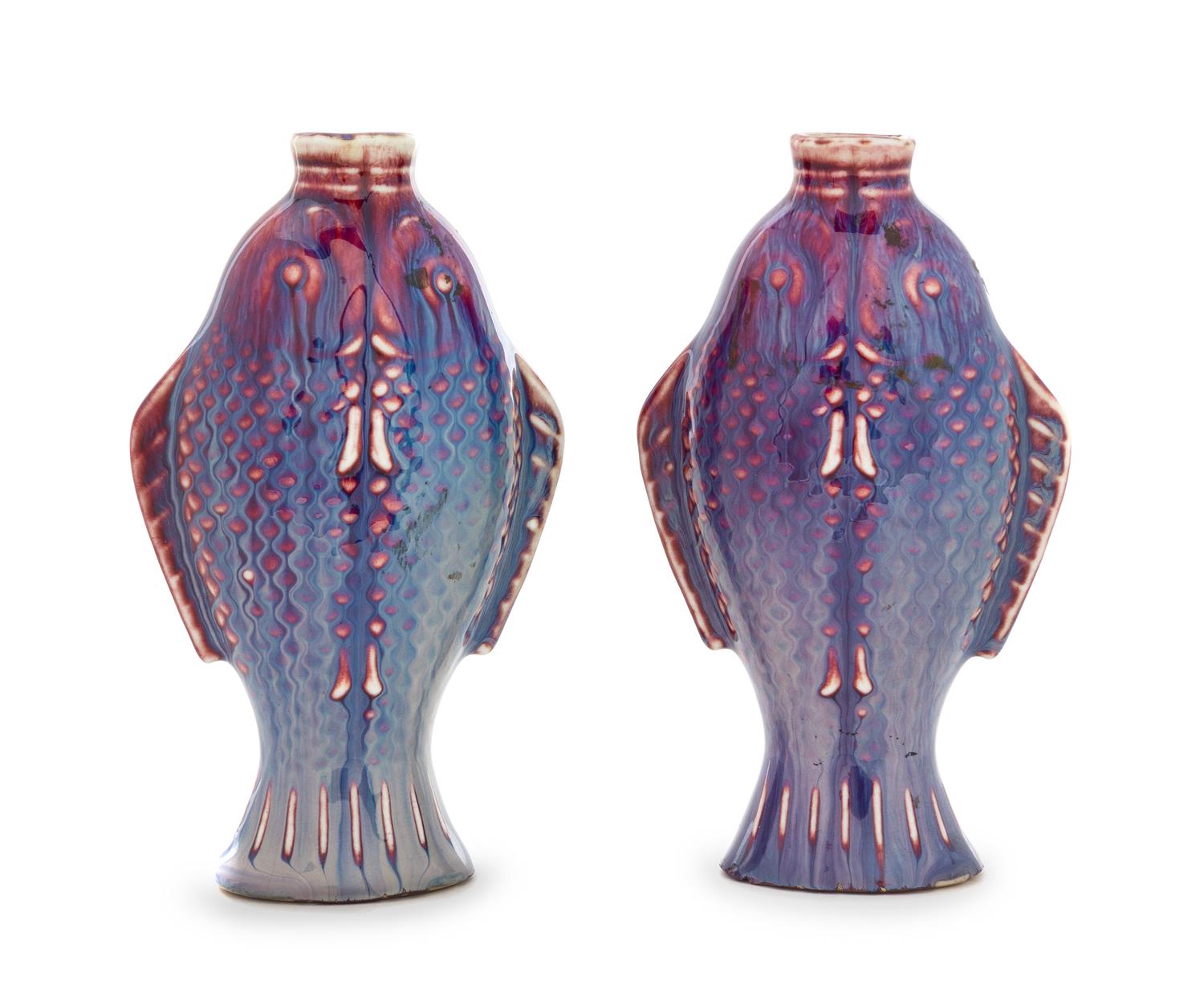 A Pair of Chinese Flambe Porcelain Fish-Form Vases Height of each 6 1/2 inches. — 19TH CENTURY