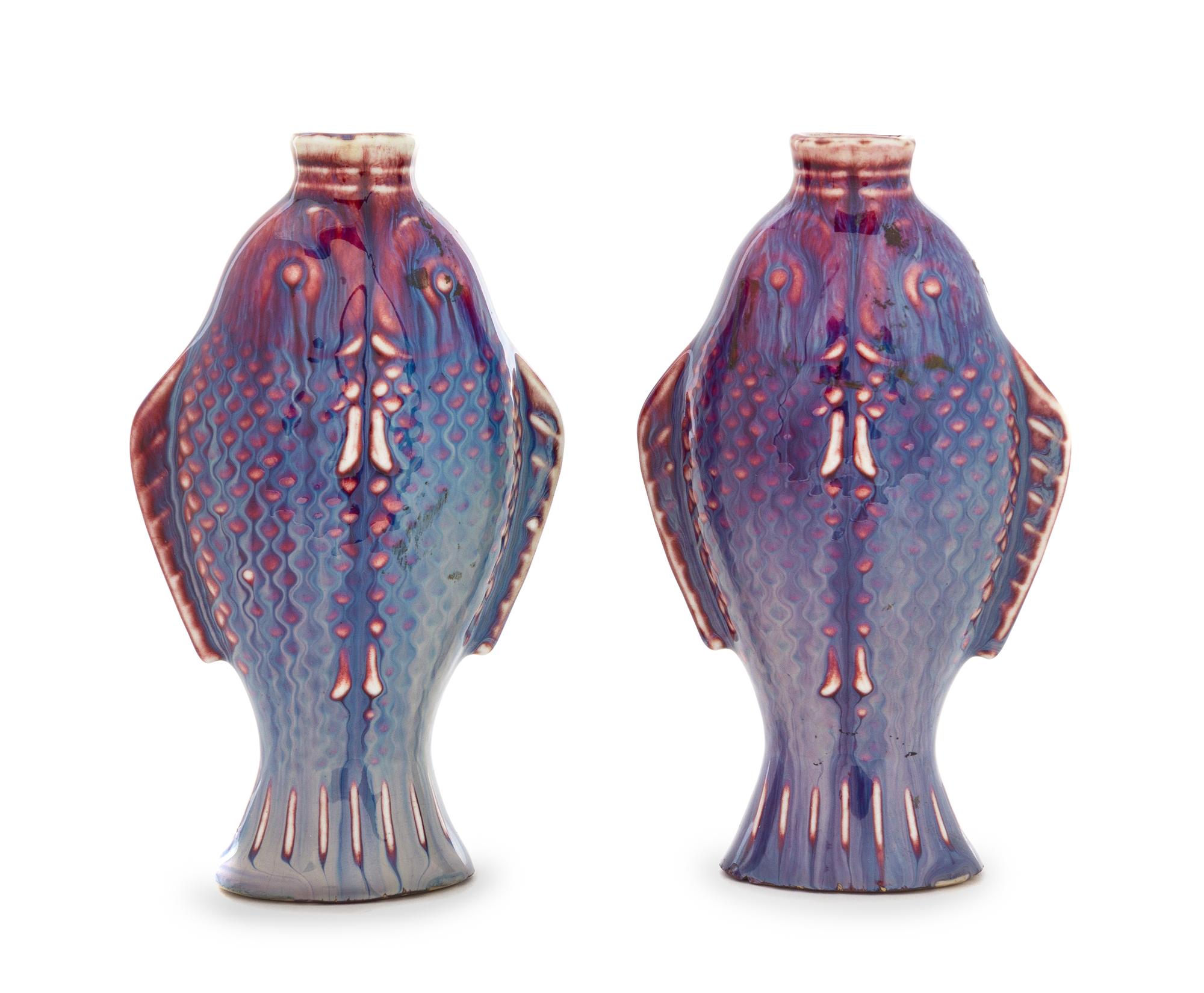 A Pair of Chinese Flambe Porcelain Fish-Form Vases Height of each 6 1/2 inches. — 19TH CENTURY