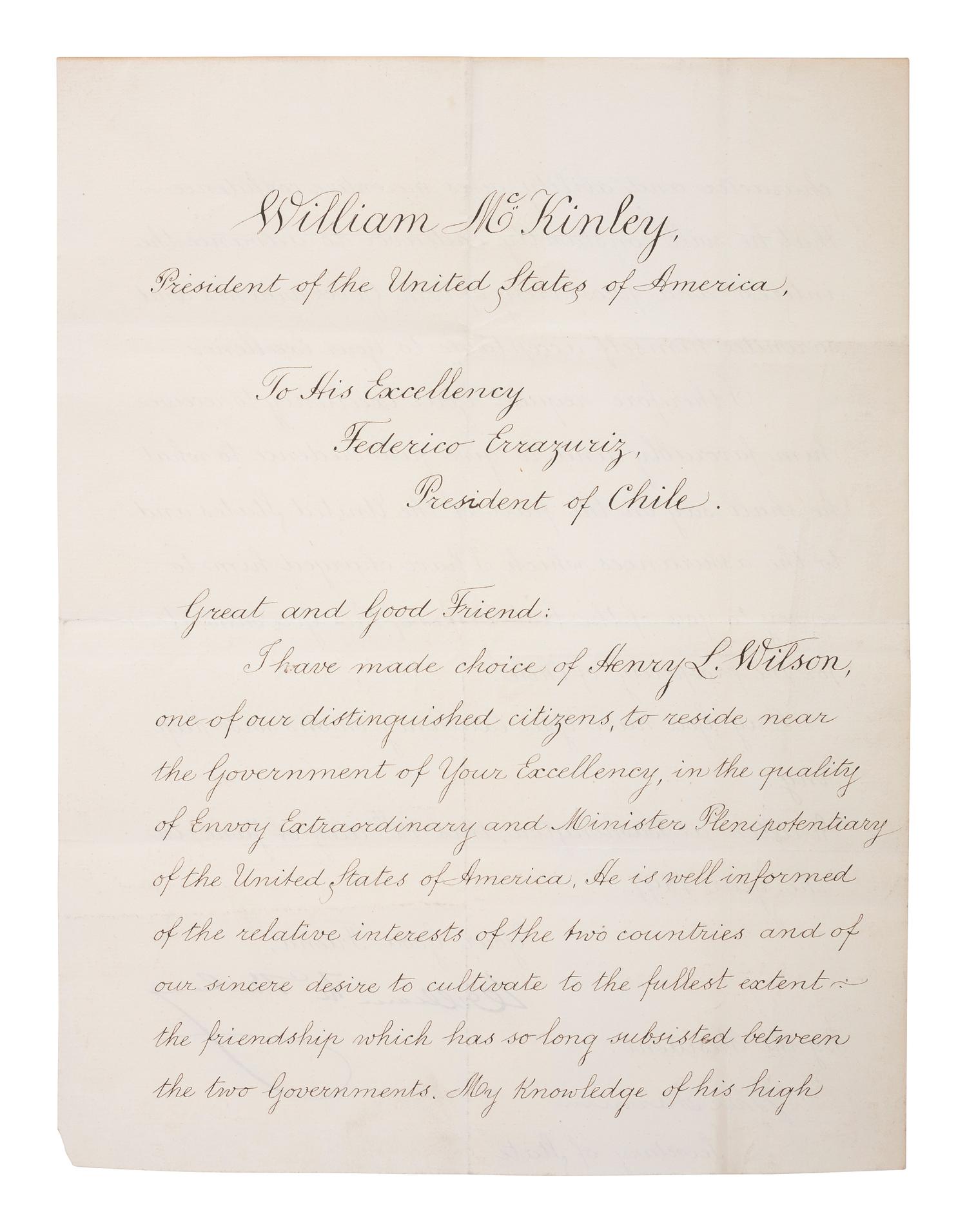 [US PRESIDENTS] -- [MCKINLEY, William (1843-1901)]. Letter Signed as President, to Chilean President Federico Errázuriz Echaurren. Washington, DC, 18 June 1897.