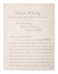 [US PRESIDENTS] -- [MCKINLEY, William (1843-1901)]. Letter Signed as President, to Chilean President Federico Errázuriz Echaurren. Washington, DC, 18 June 1897.